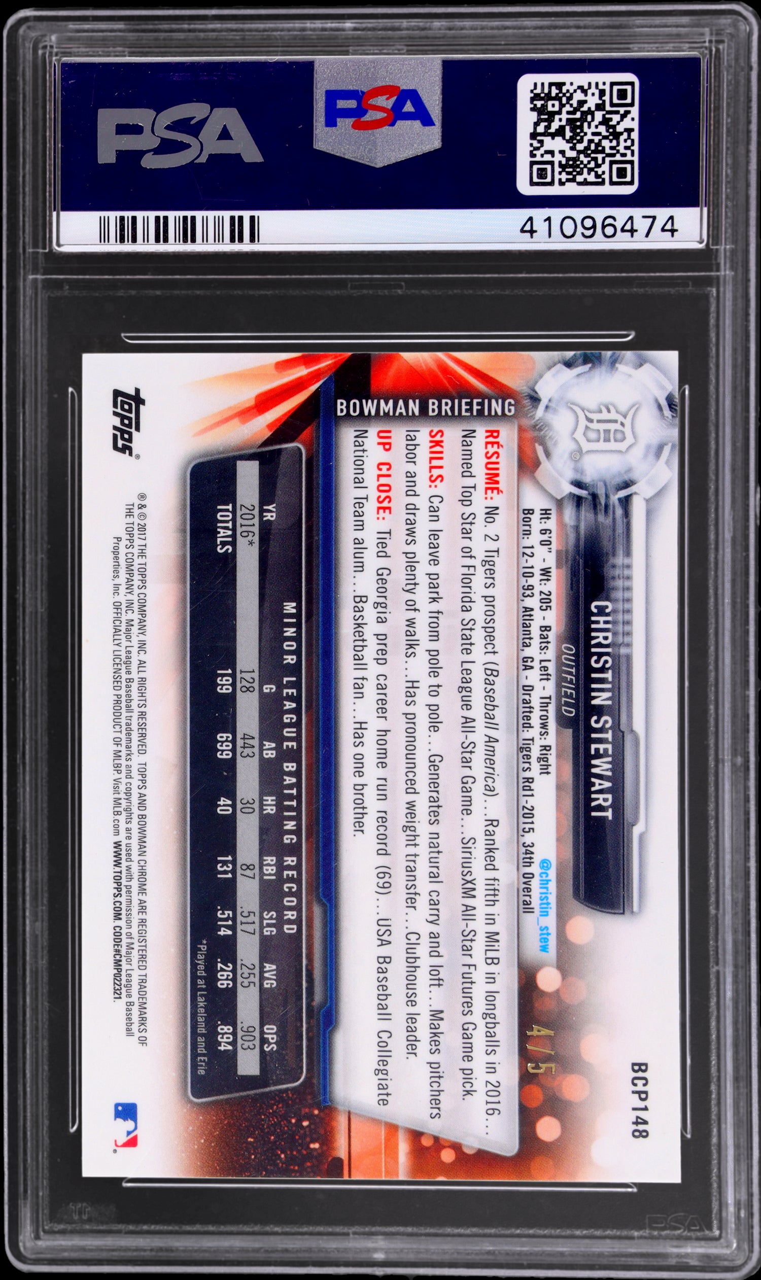 2017 Bowman Chrome Prospect Red Shimmer Christin Stewart #BCP148 /5 PSA 10