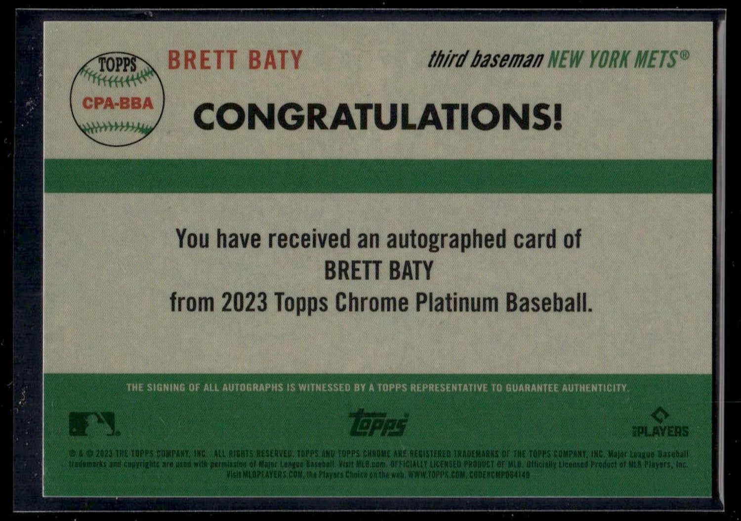 2023 Topps Chrome Platinum Brett Baty Rookie Auto 