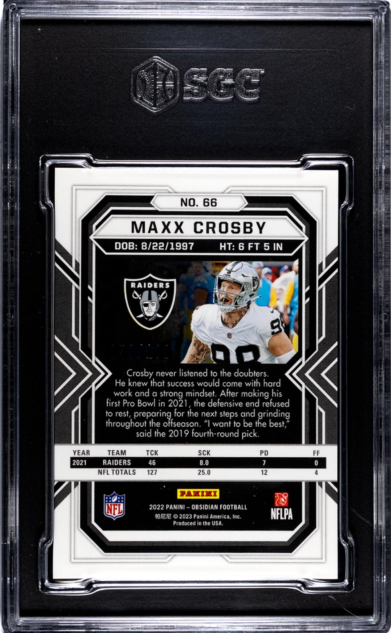 2022 Panini Obsidian #66 Maxx Crosby Electric Etch Purple /100 SGC 10
