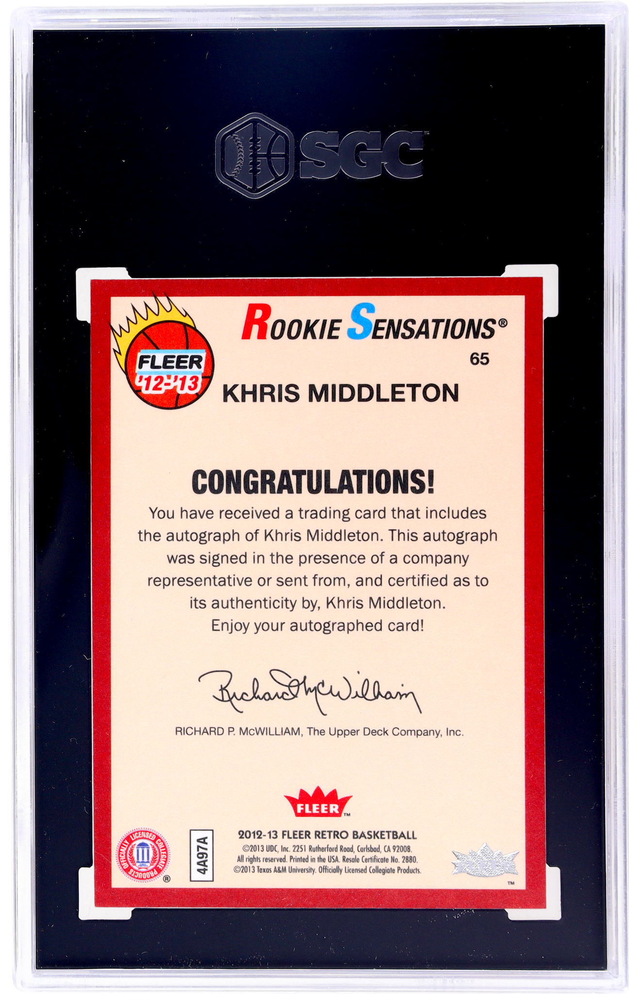 2012-13 Fleer Retro #65 Khris Middleton Rookie Sensations Auto. SGC 9.5