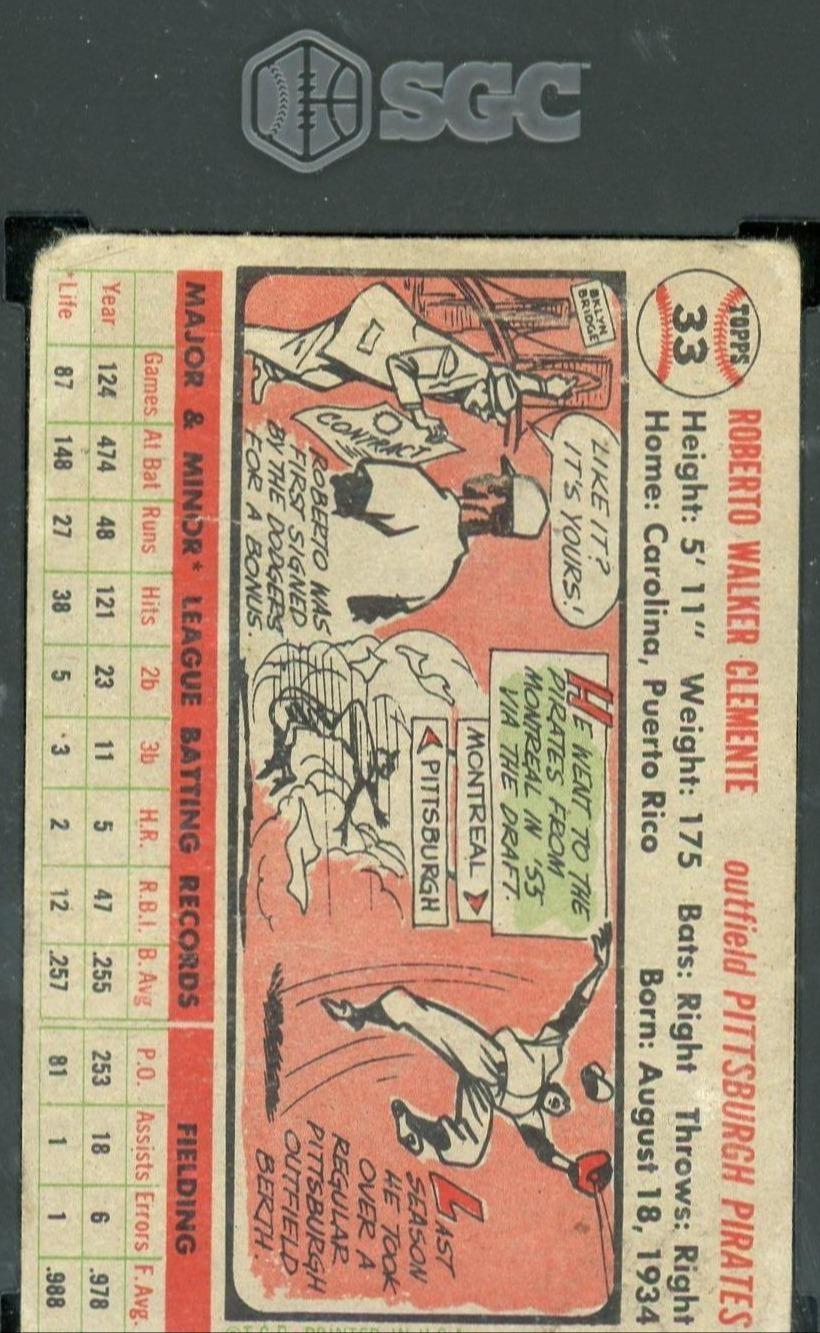 1956 Topps Roberto Clemente Gray Back #33b Pirates SGC 1