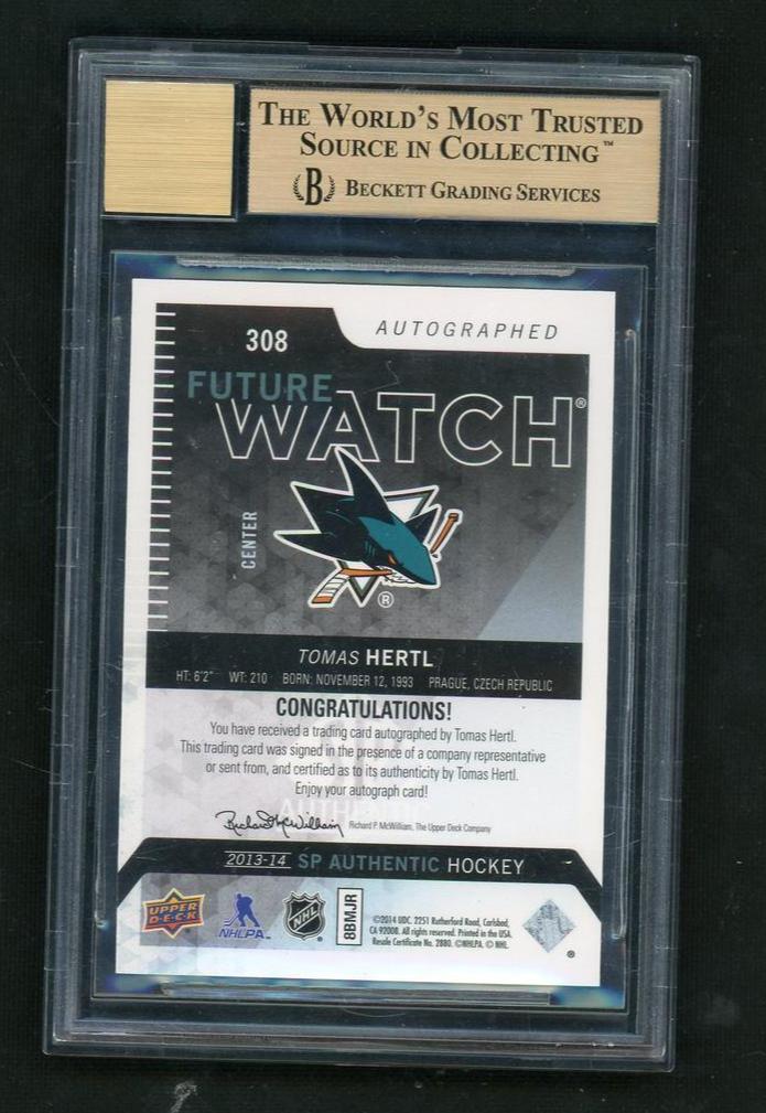 2013 Upper Deck SP Authentic 308 Tomas Hertl Future Watch Rookie /999 Beckett 9.5 Gem Mint San Jose Sharks Auto
