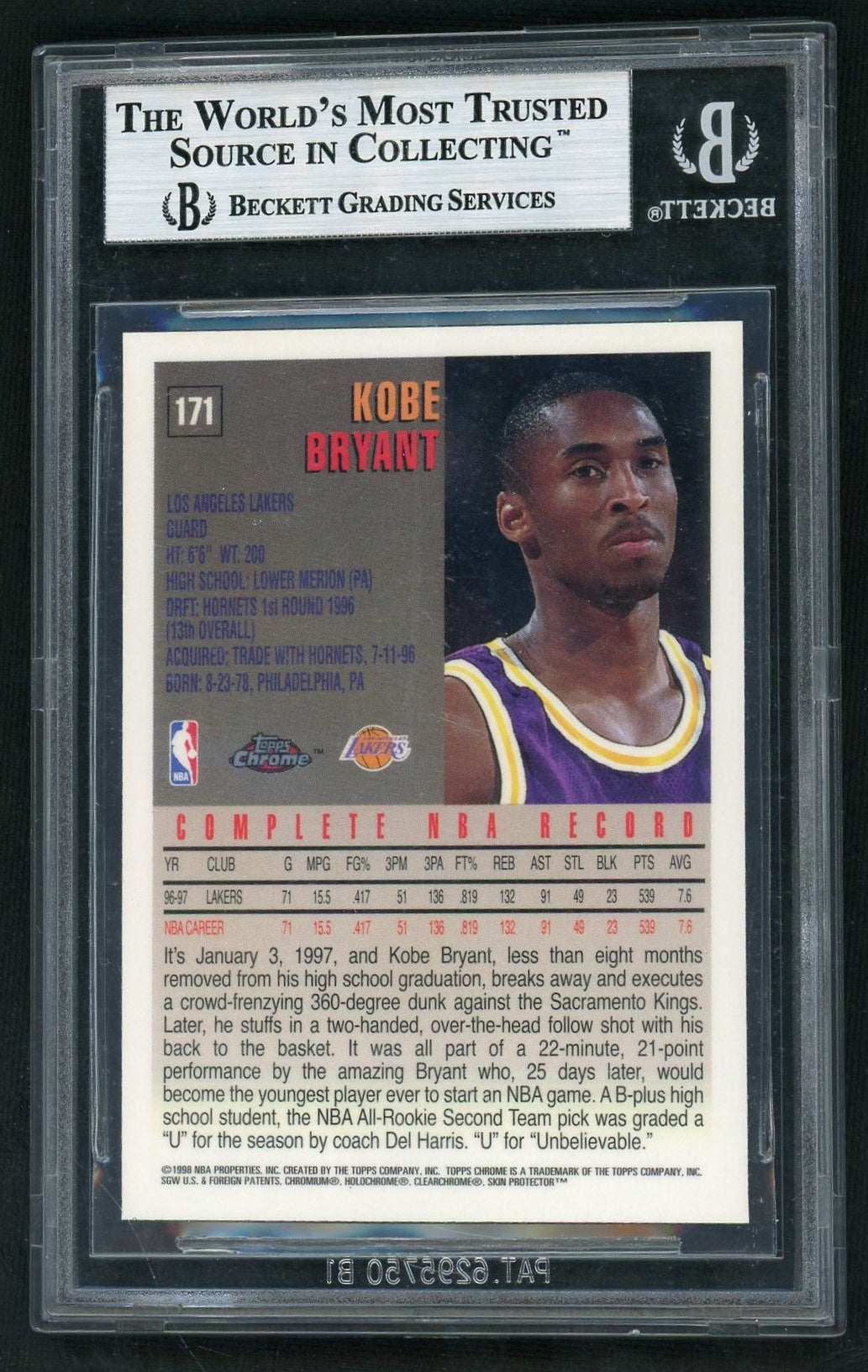 1997 Topps Chrome #171 Kobe Bryant BGS 8.5