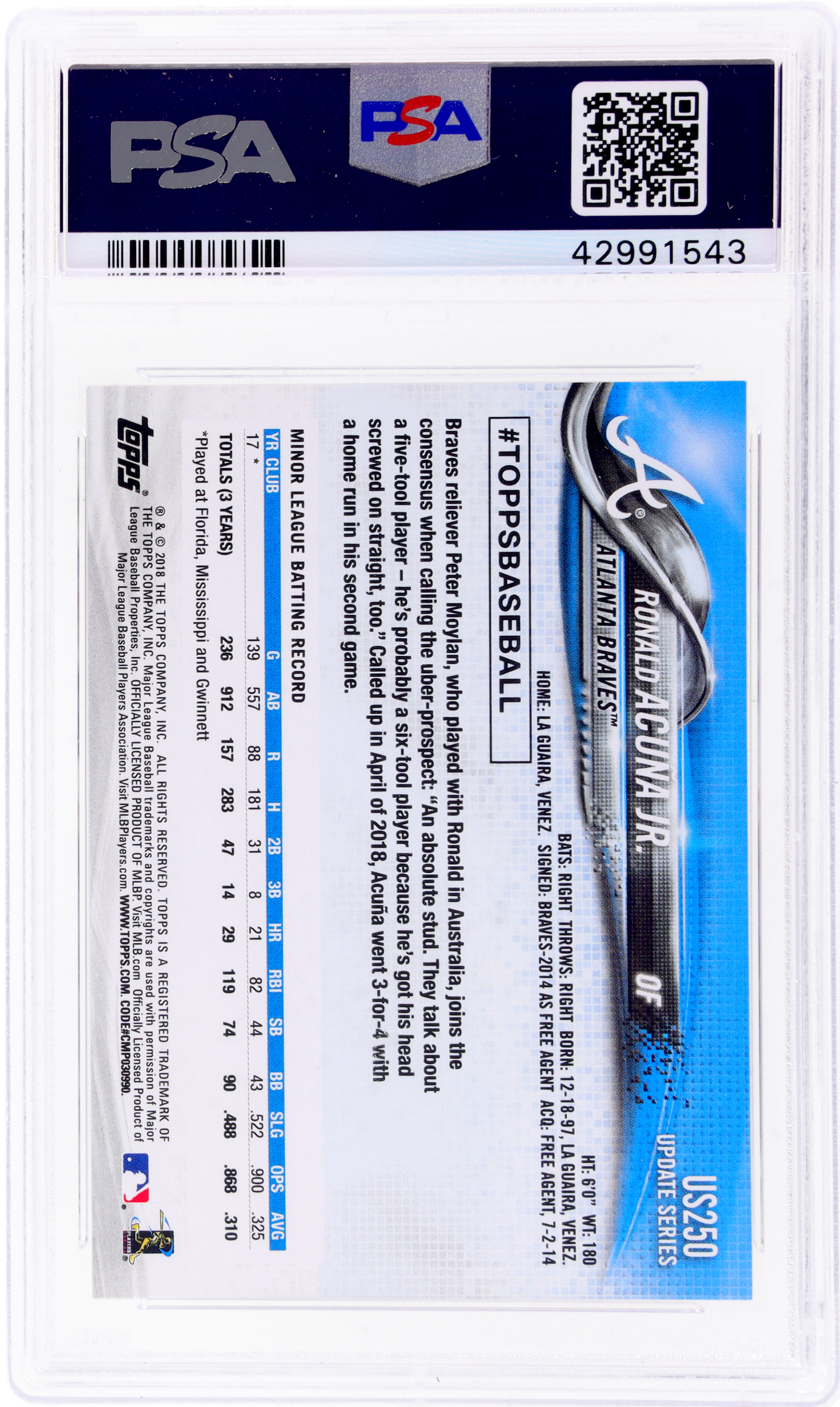 2018 Topps Update At Bat In Blue Jersey Ronald Acuna Jr. #US250 PSA 10