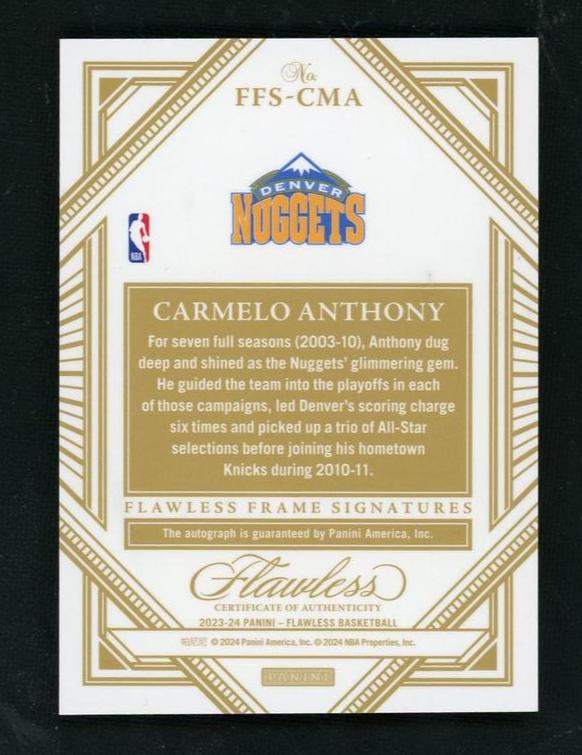 2020 Panini Flawless FFS-CMA Carmelo Anthony Flawless Frame Signatures Nuggets Auto