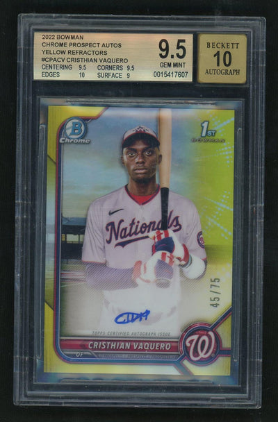 2022 Bowman Chrome Cristian Vaquero #CPA-CV Yellow Refractor Auto /75 BGS 9.5