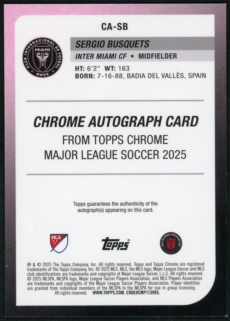 2025 Topps Chrome MLS Chrome Autographs Sergio Busquets Pink Pulsar /25