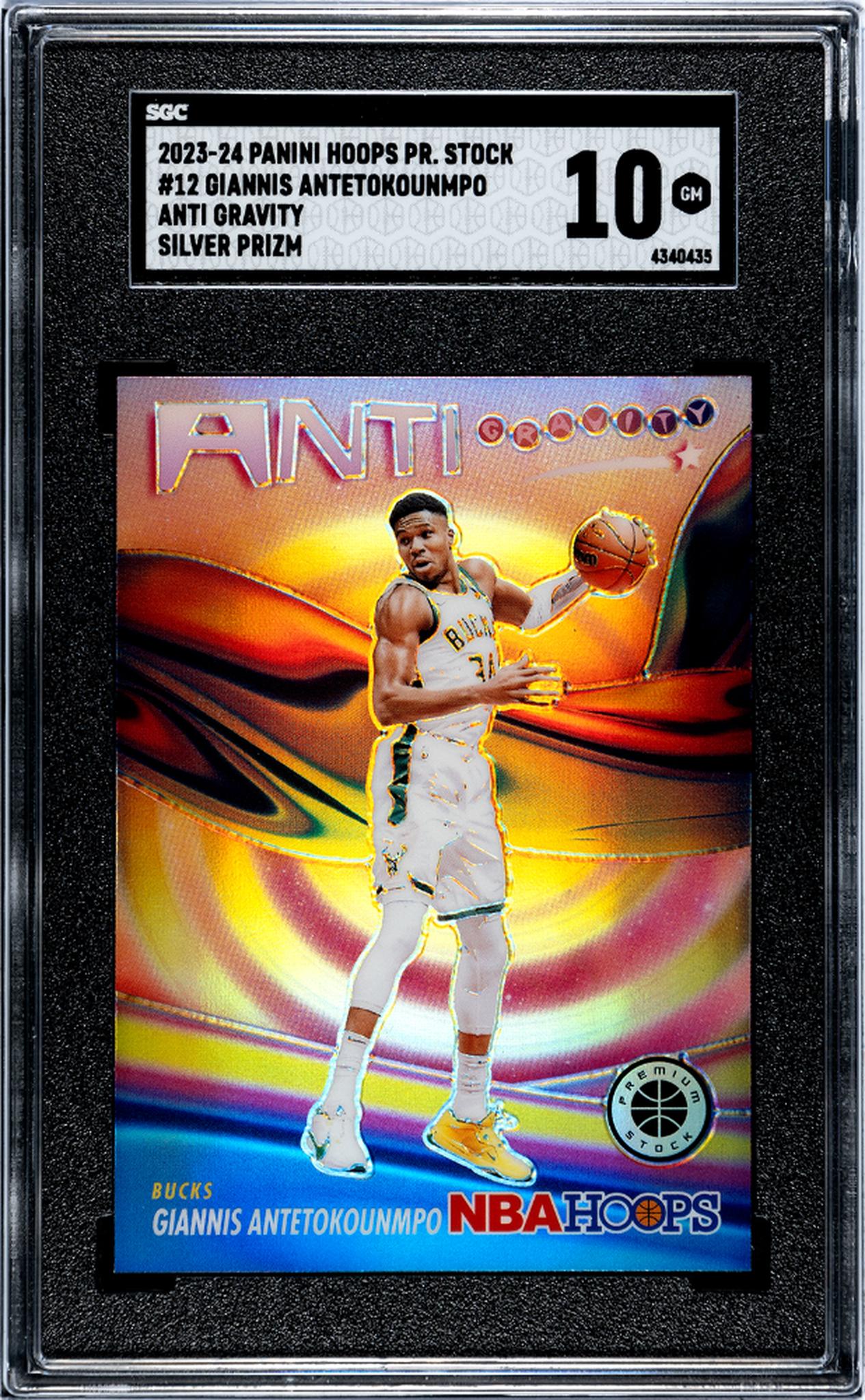 2023-24 Panini Hoops Premium Stock #12 Giannis Antetokounmpo Anti Gravity Silver Prizm SGC 10