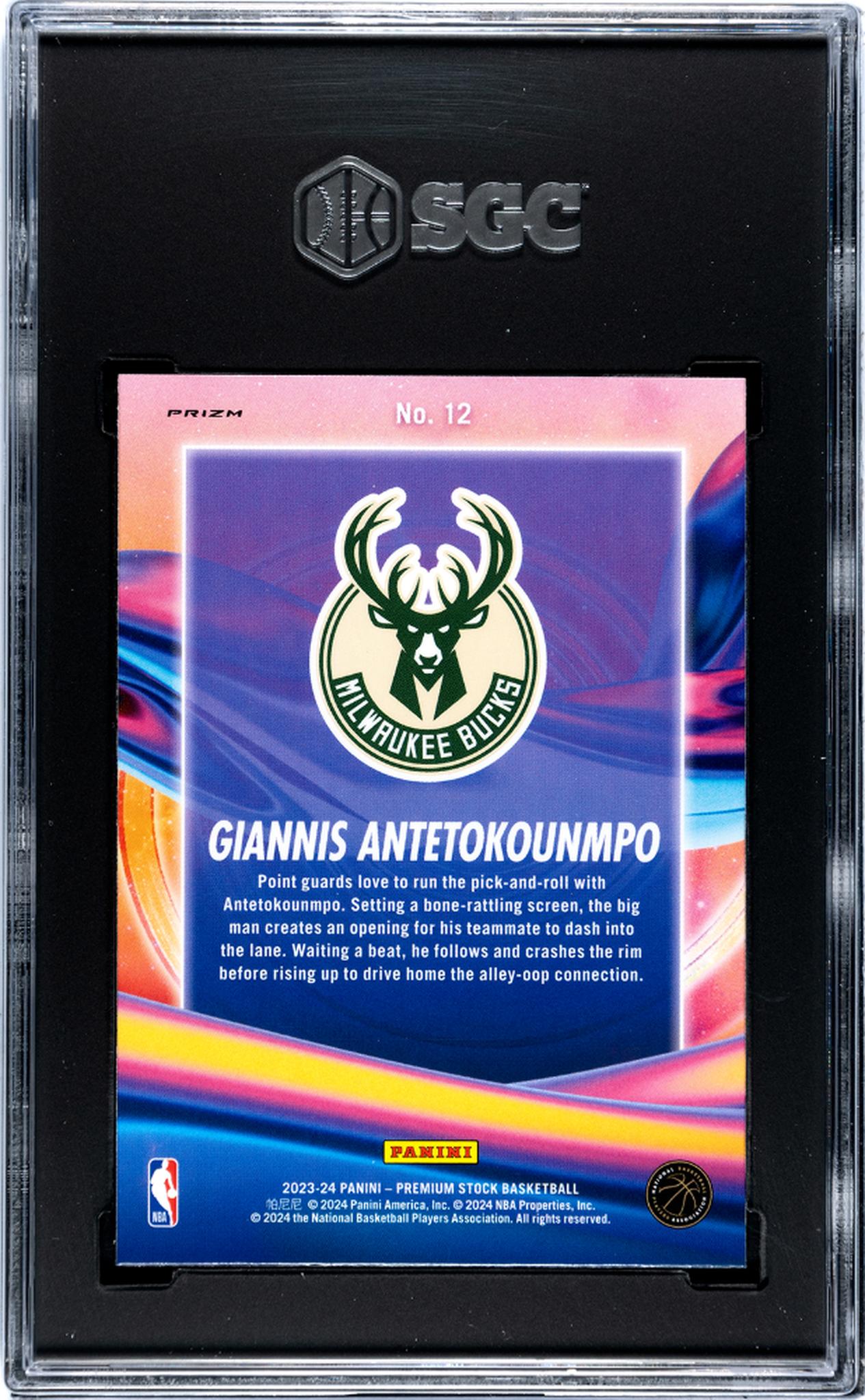 2023-24 Panini Hoops Premium Stock #12 Giannis Antetokounmpo Anti Gravity Silver Prizm SGC 10