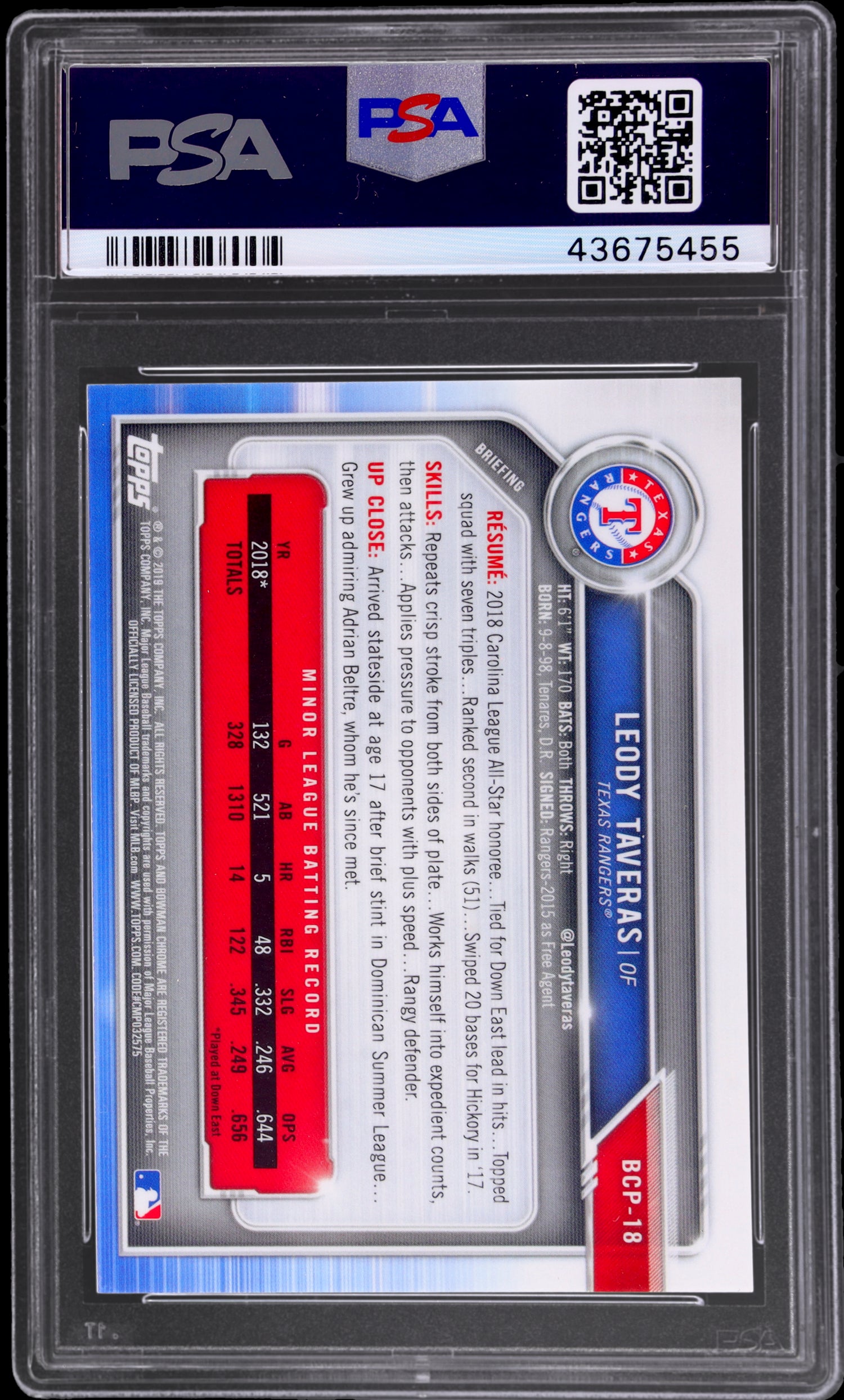 2019 Bowman Chrome Green Ref Leody Taveras #BCP-8 72/99 PSA 10