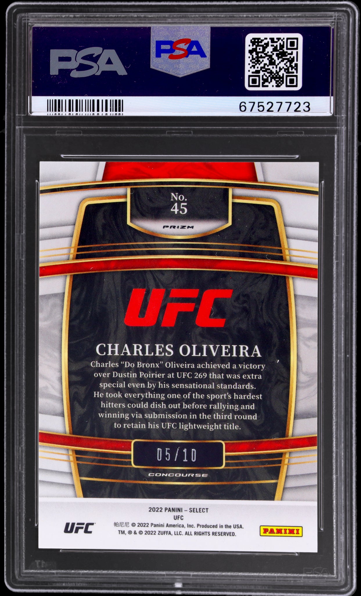 2022 Panini Select UFC Gold Flash Prizm Charles Oliveira #45 /10 PSA 10