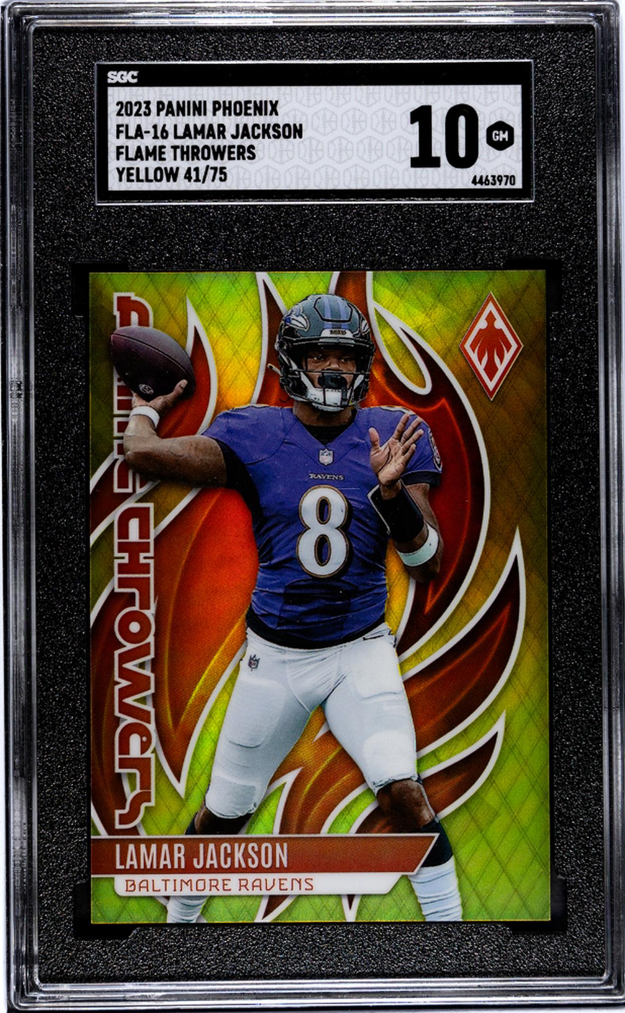 2023 Panini Phoenix #FLA-16 Lamar Jackson Flame Throwers Yellow 41/75 SGC 10