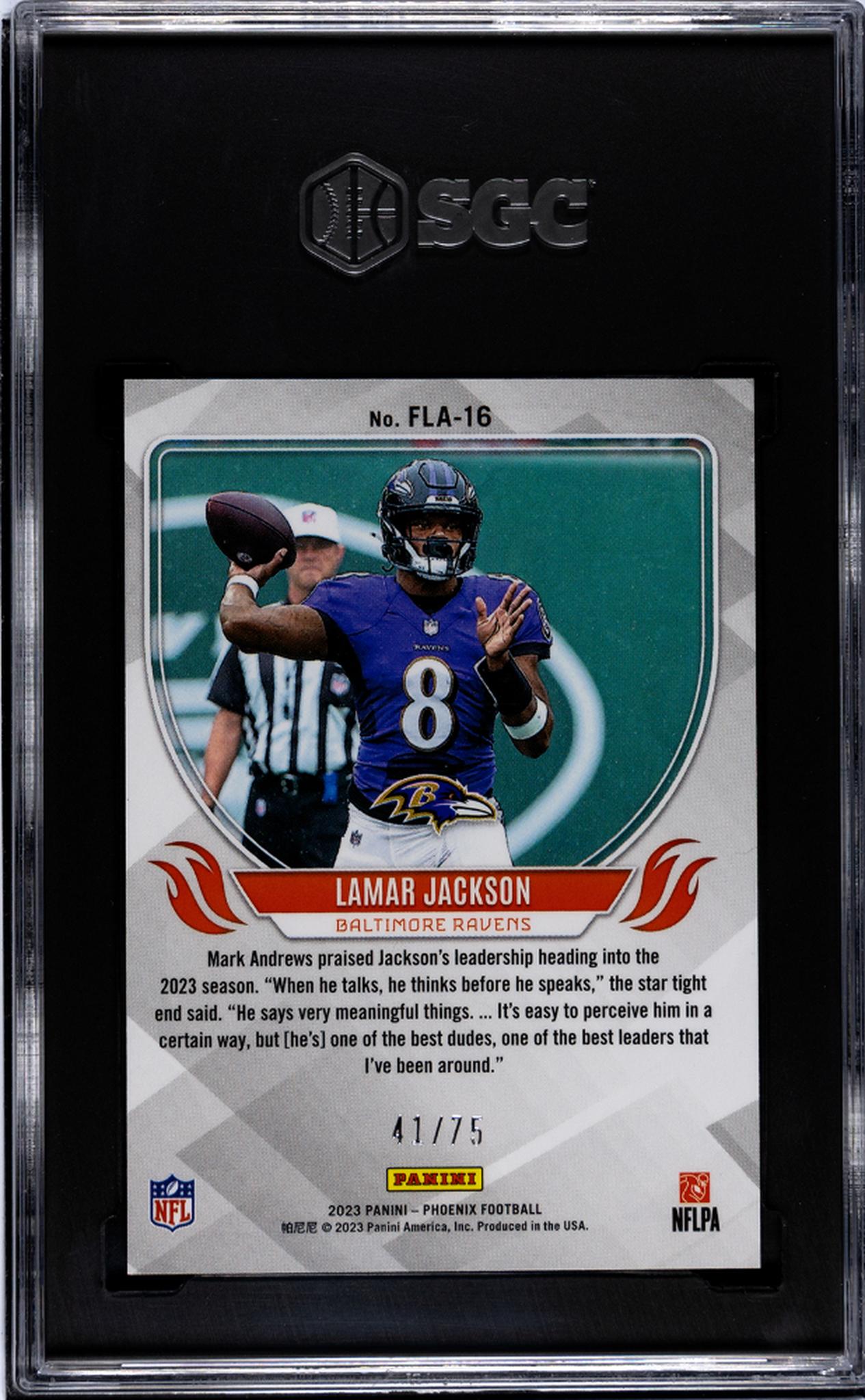 2023 Panini Phoenix #FLA-16 Lamar Jackson Flame Throwers Yellow 41/75 SGC 10