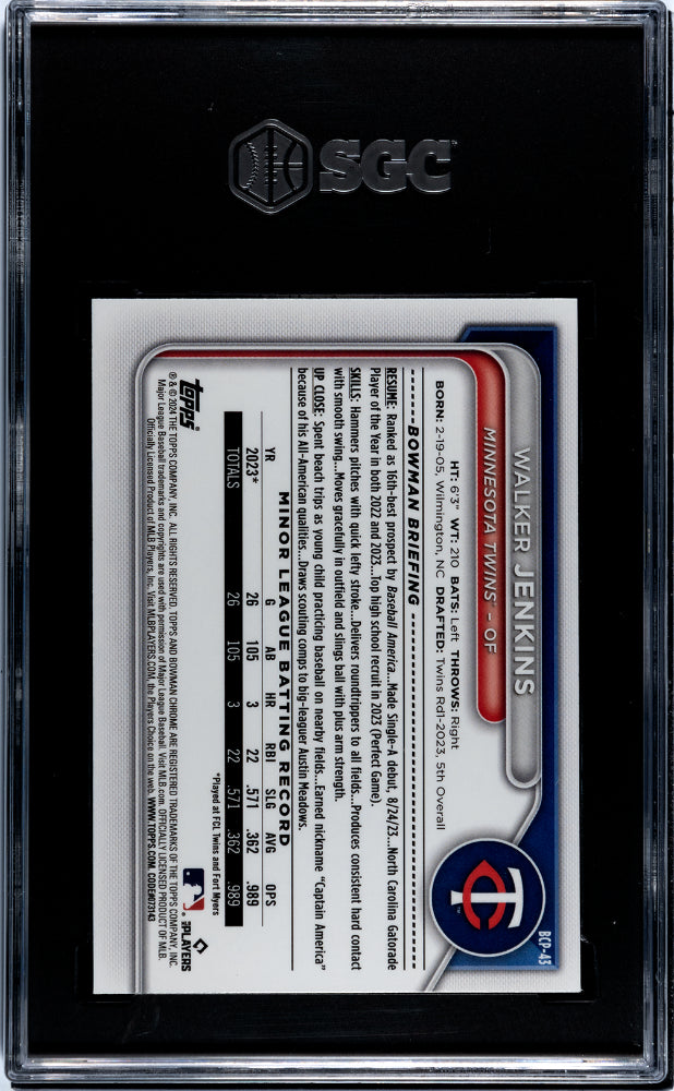 2024 Bowman Chrome Prospects Walker Jenkins #BCP-43 1st Bowman SGC 10