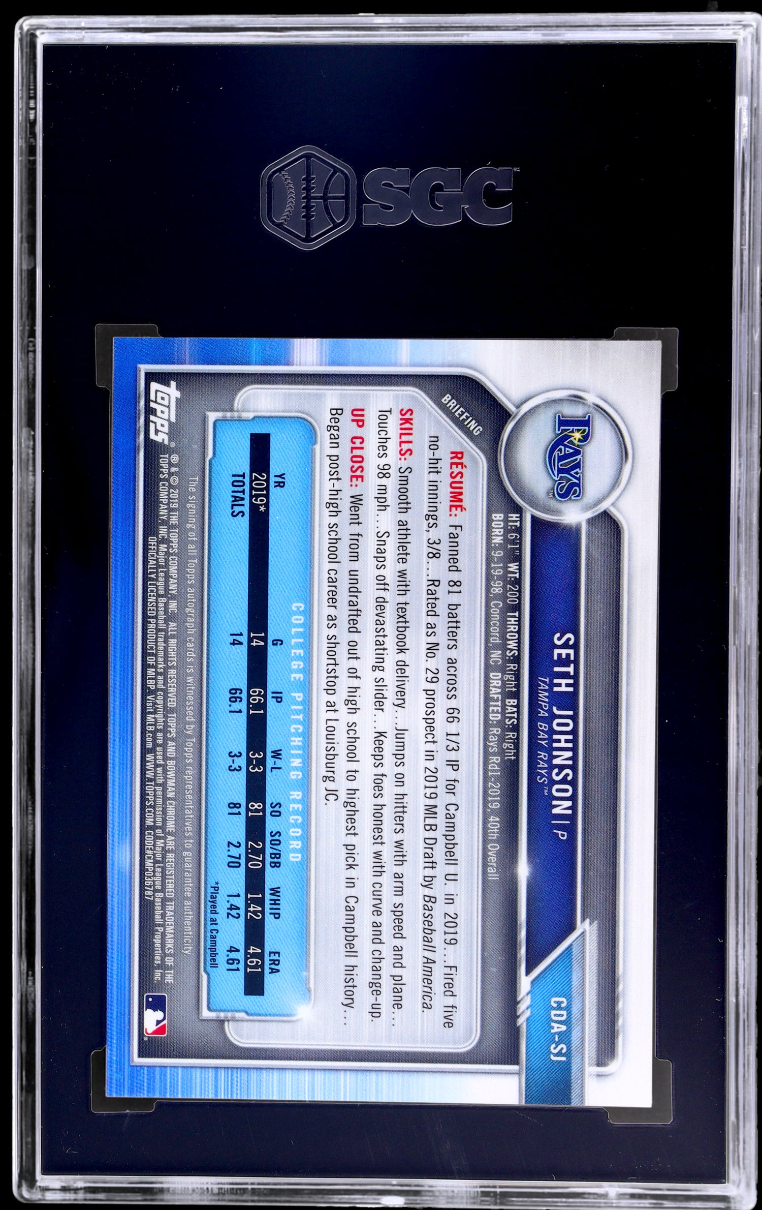 2019 Bowman Draft Chrome Auto Seth Johnson #CDA-SJ SGC 10/10