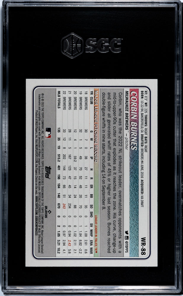 2023 Topps Big League Wrapper Redempt Blue Foil Corbin Burnes #WR-88 /75 SGC 9.5