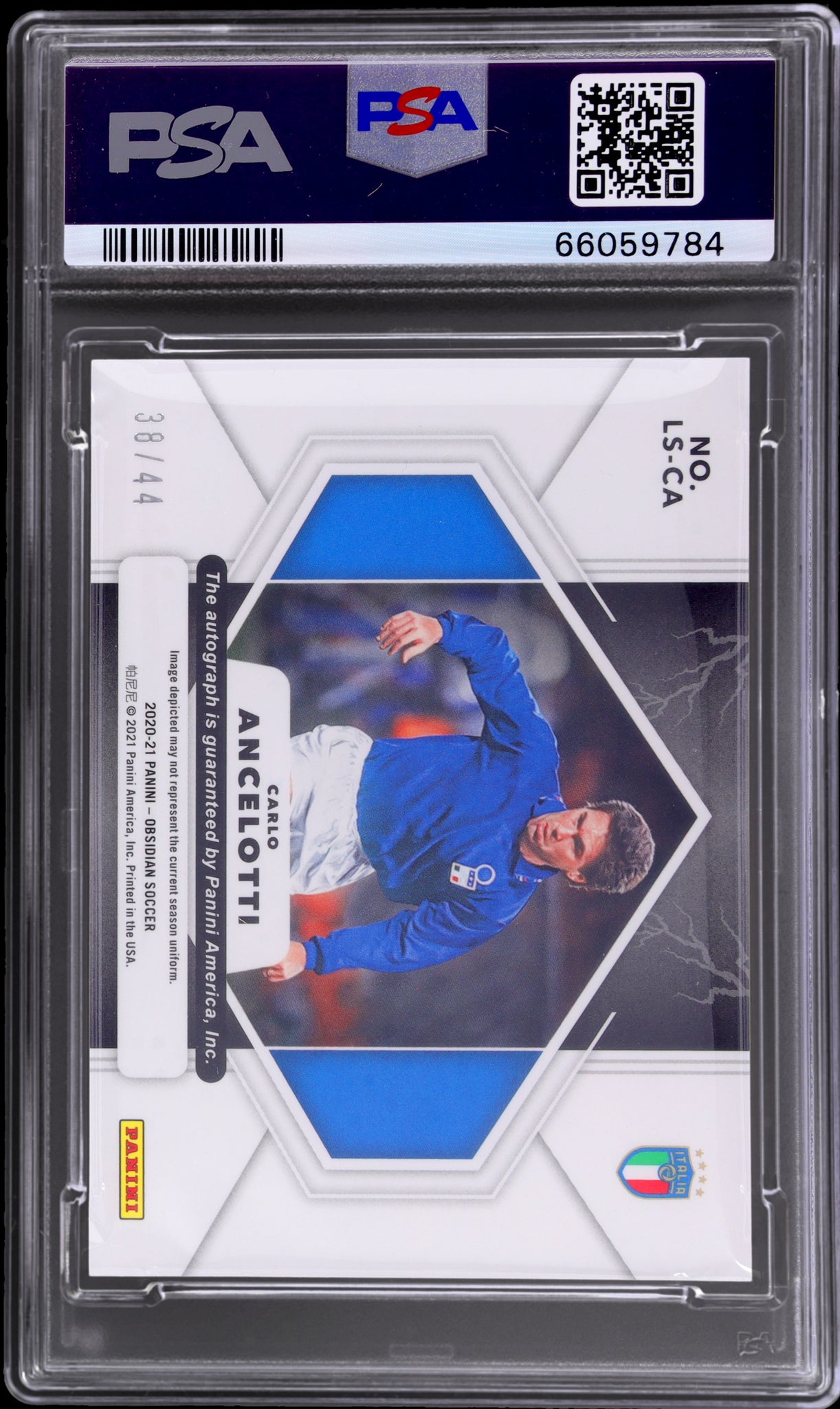 2020 Panini Obsidian #35 Carlo Ancelotti Lightning Strike Autograph Electric Etch Red Flood /44 PSA 10