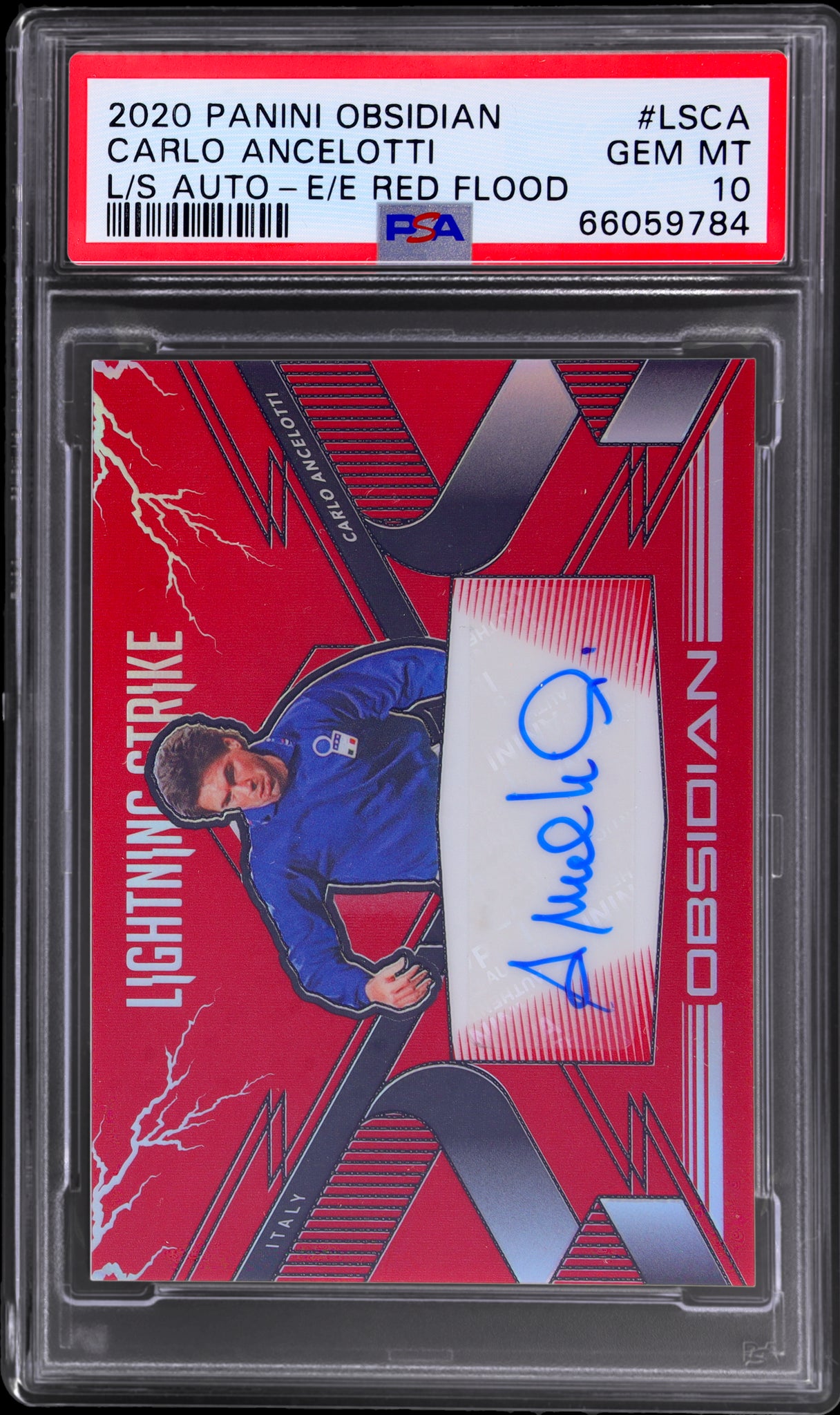 2020 Panini Obsidian #35 Carlo Ancelotti Lightning Strike Autograph Electric Etch Red Flood /44 PSA 10