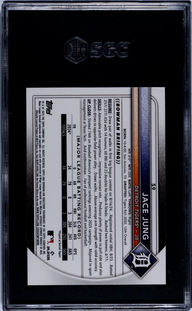 2025 Bowman #59 Jace Jung Red Rookie Redemption SGC 10