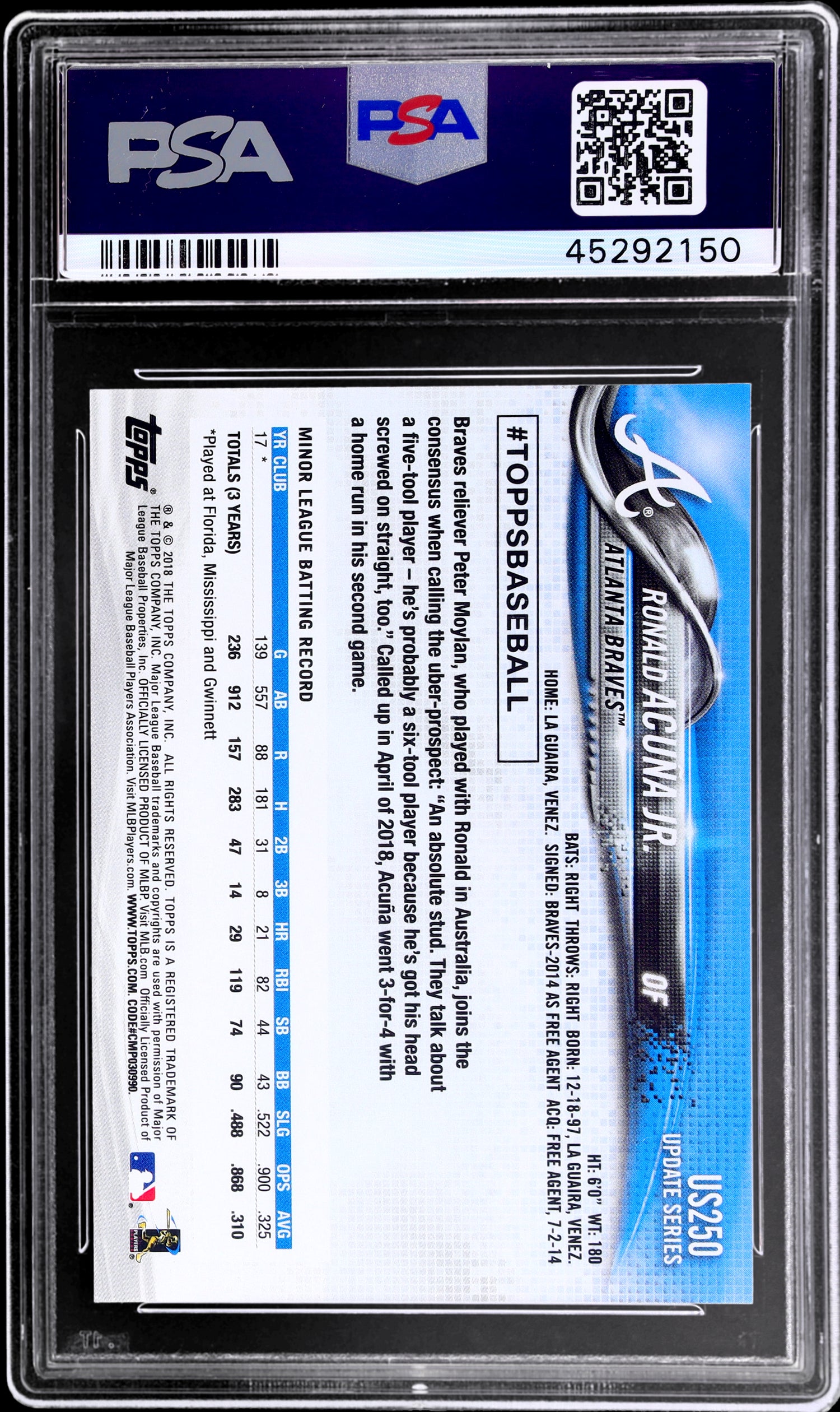 2018 Topps Update Ronald Acuna Jr. #US250 RC PSA 10