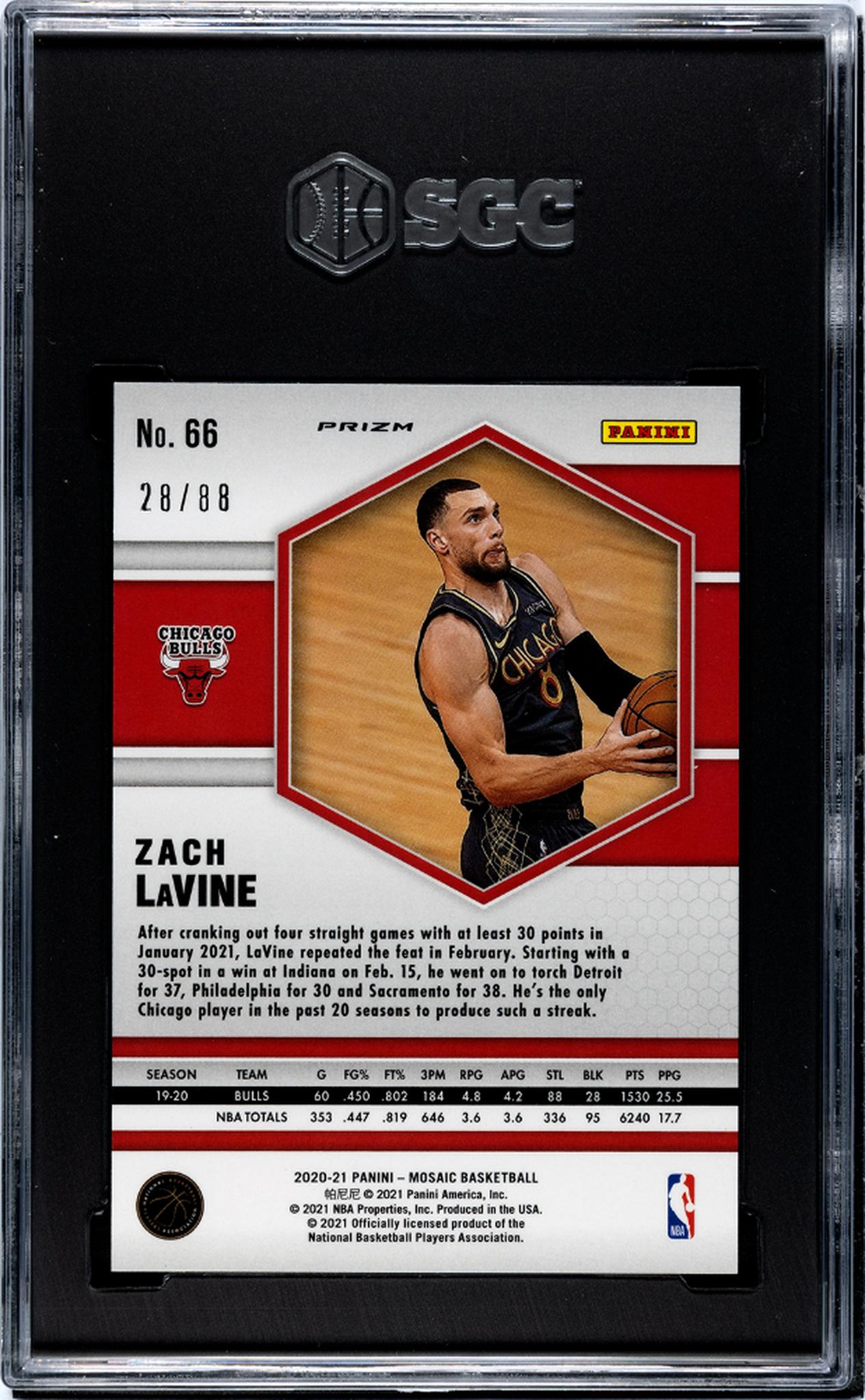 2020-21 Panini Mosaic #66 Zach Lavine Choice Red & Yellow Fusion Prizm 28/88 SGC 10