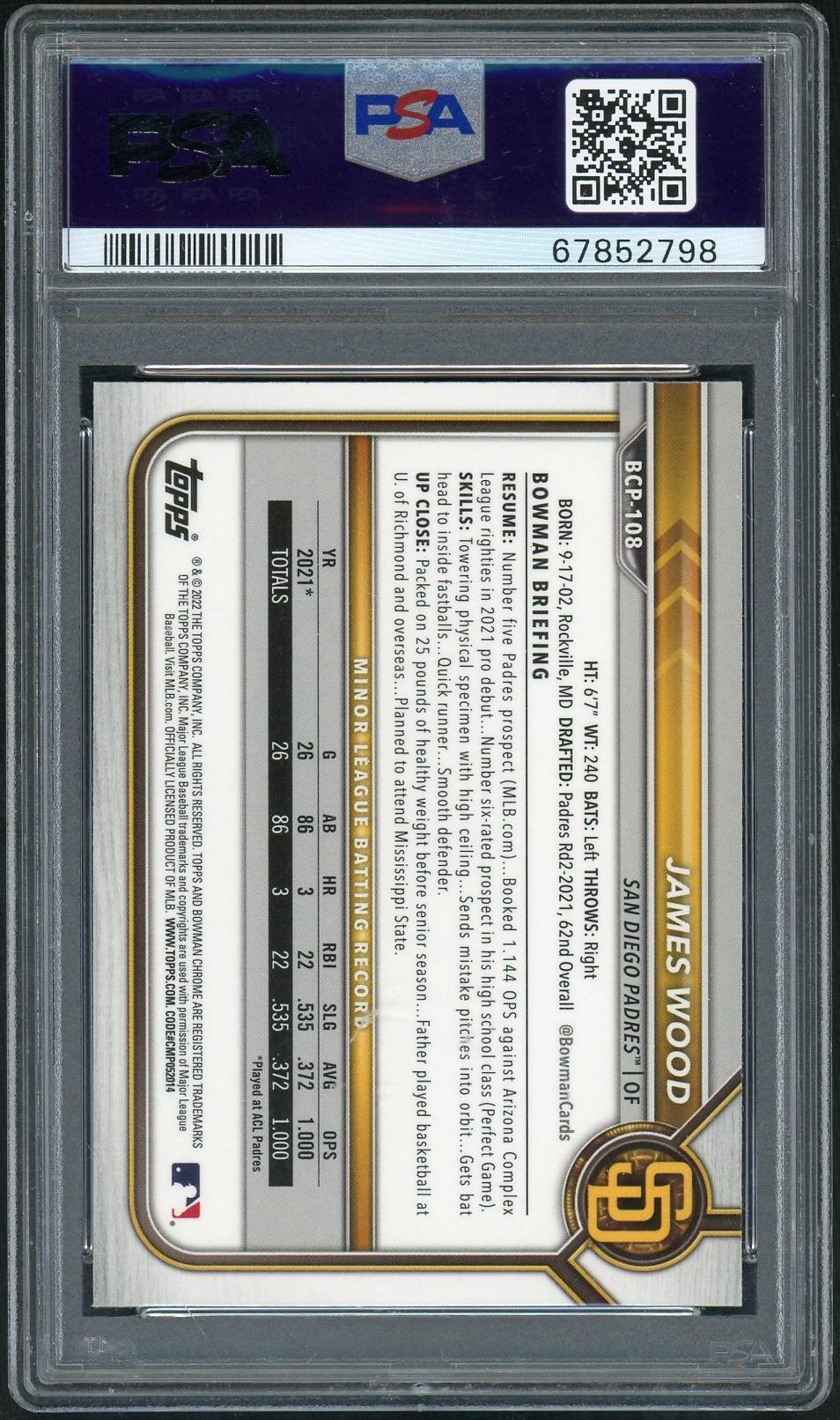 2022 Bowman Chrome Mega Box Prospect James Wood #BCP108 PSA 10