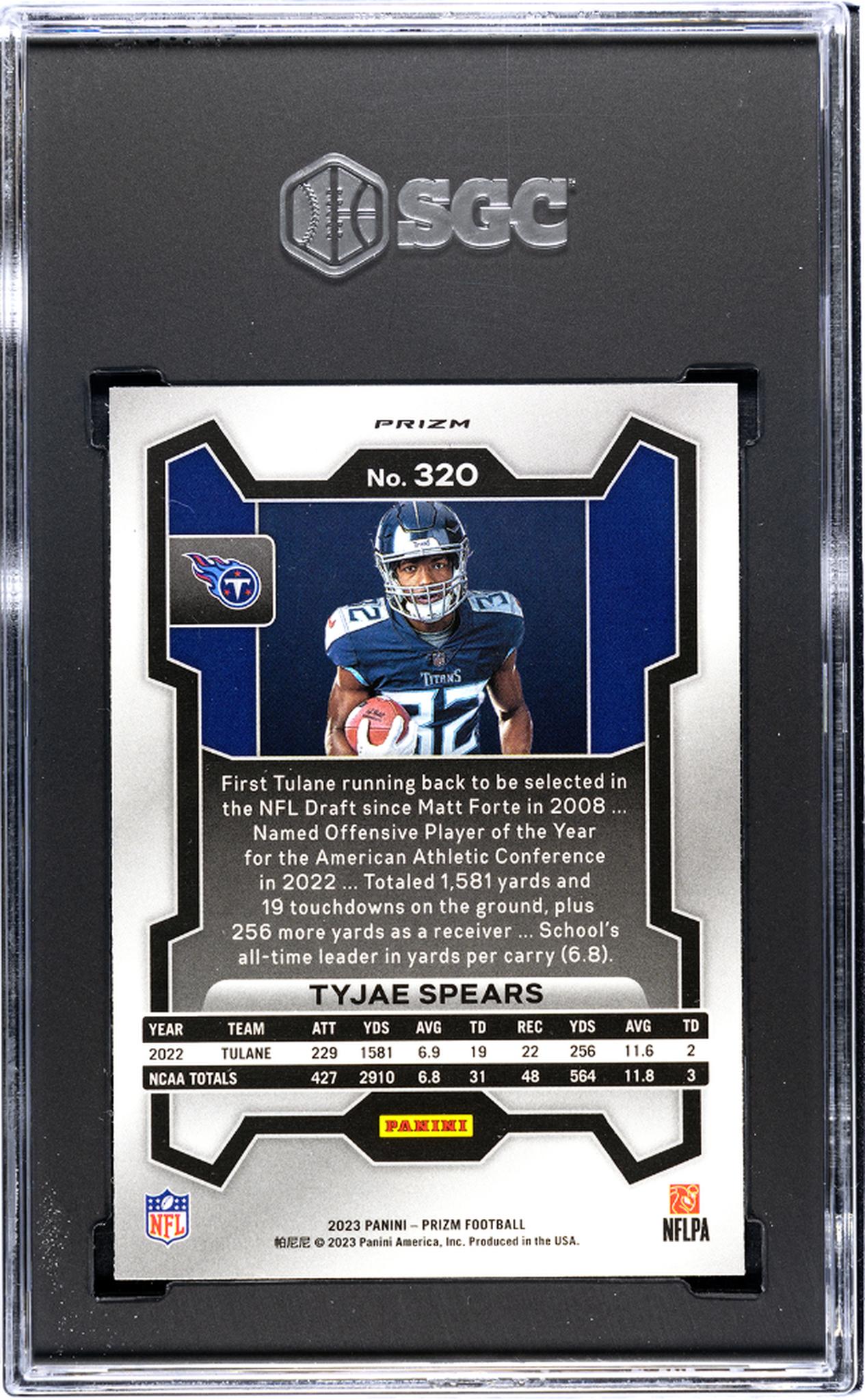 2023 Panini Prizm #320 Tyjae Spears Variation No Huddle Prizm SGC 10