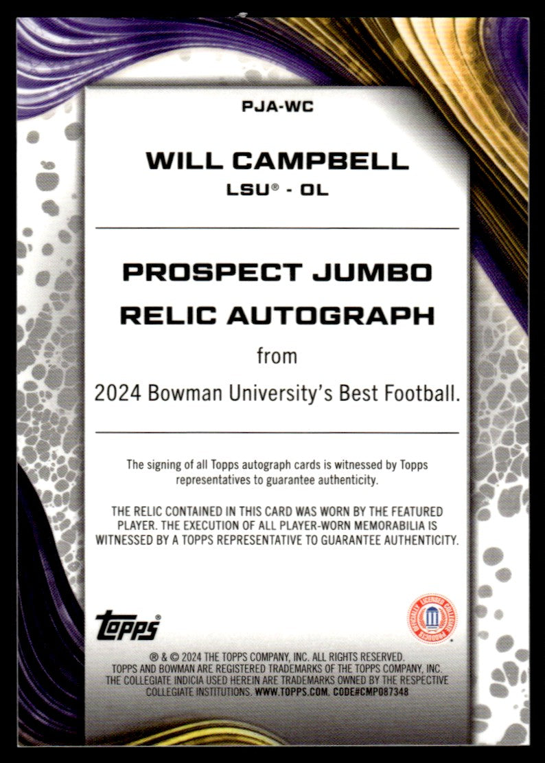 2024 Bowman PJA-WC Will Campbell Prospect Jumbo Relic Autograph LSU