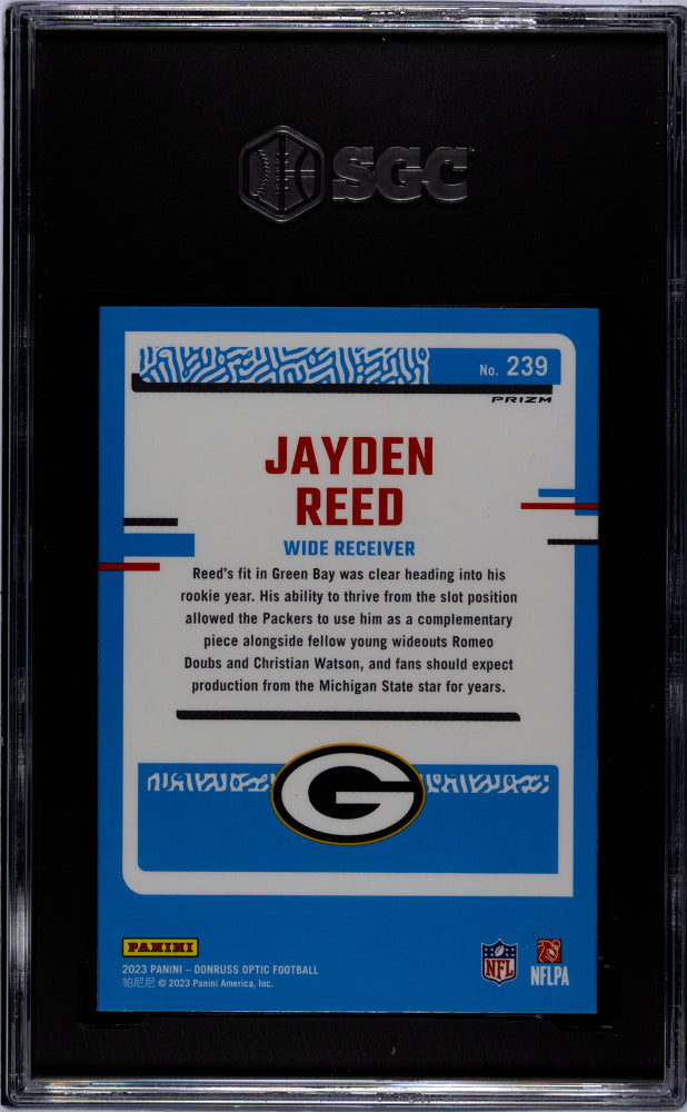 2023 Donruss Optic Holo Prizm Jayden Reed #239 RC SGC 9.5