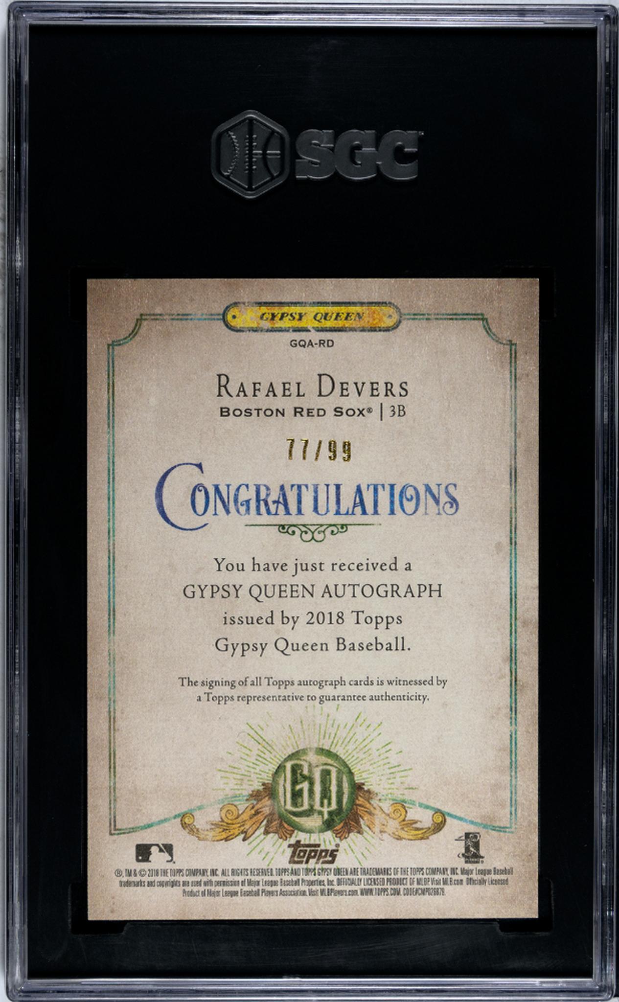 2018 Topps Gypsy Queen GQ Logo Swap Rafael Devers #GQA-RD RC Auto /99 SGC 10
