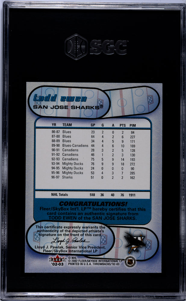2002-03 Fleer Throwbacks Autographed Todd Ewen #NNO Auto SGC 9 Auto 10