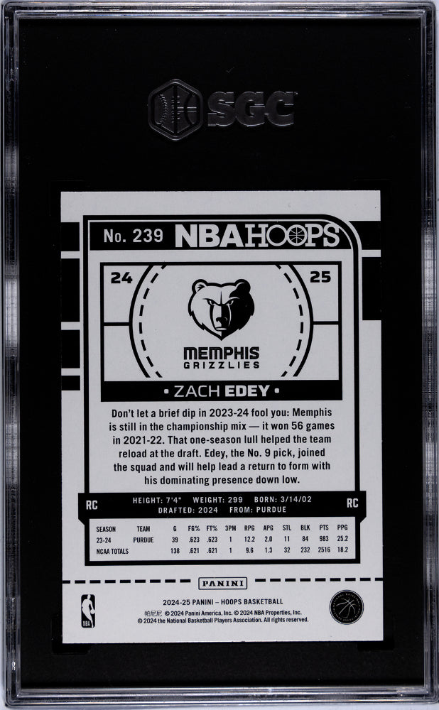2024 Panini Hoops Zach Edey #239 RC SGC 9.5