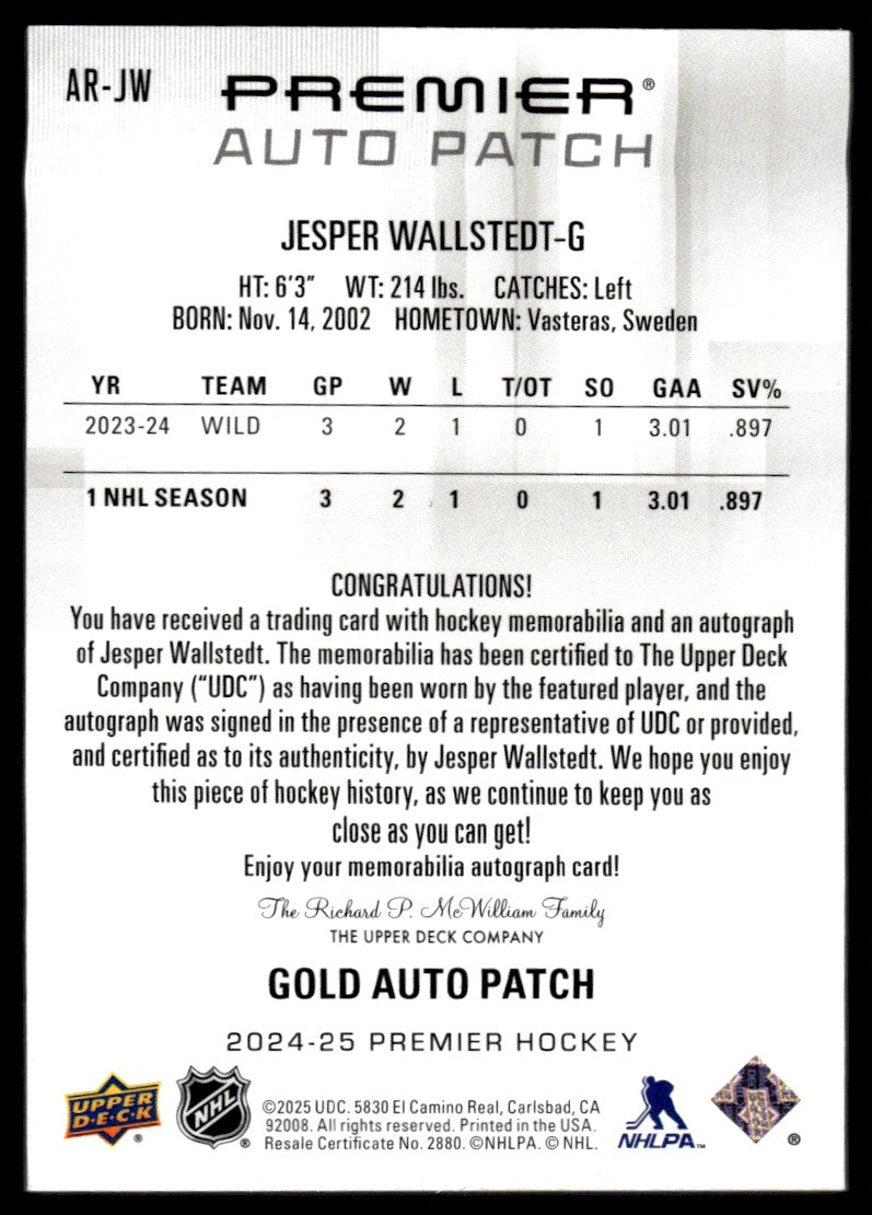 2024 Upper Deck Premier AR-JW Jesper Wallstedt Rookie Auto Patch Gold Rookie /35 Wild