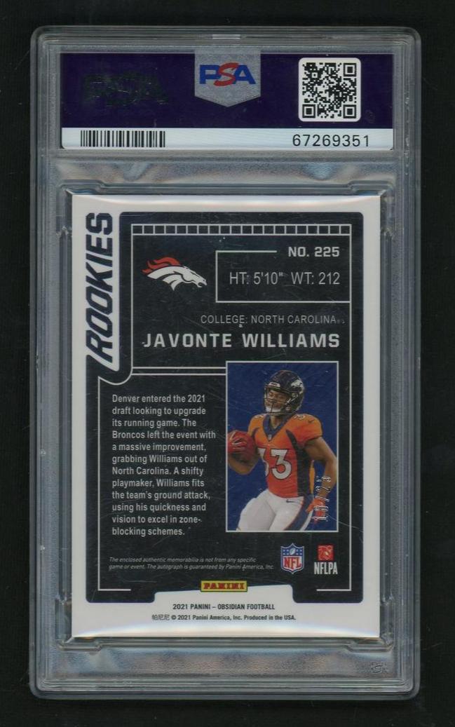2021 Panini Obsidian Jersey Autograph-Electric Etch-Yellow Javonte Williams #225 PSA 8