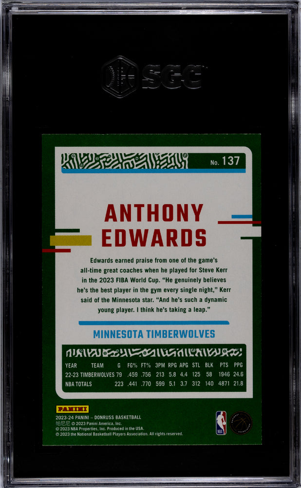 2023-24 Donruss #137 Anthony Edwards Purple P/P /199 SGC 10
