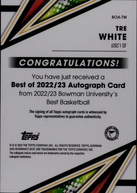 2022-23 Bowman University Best #BOA-TW Tre White Best of '22-'23, Auto. SGC 9