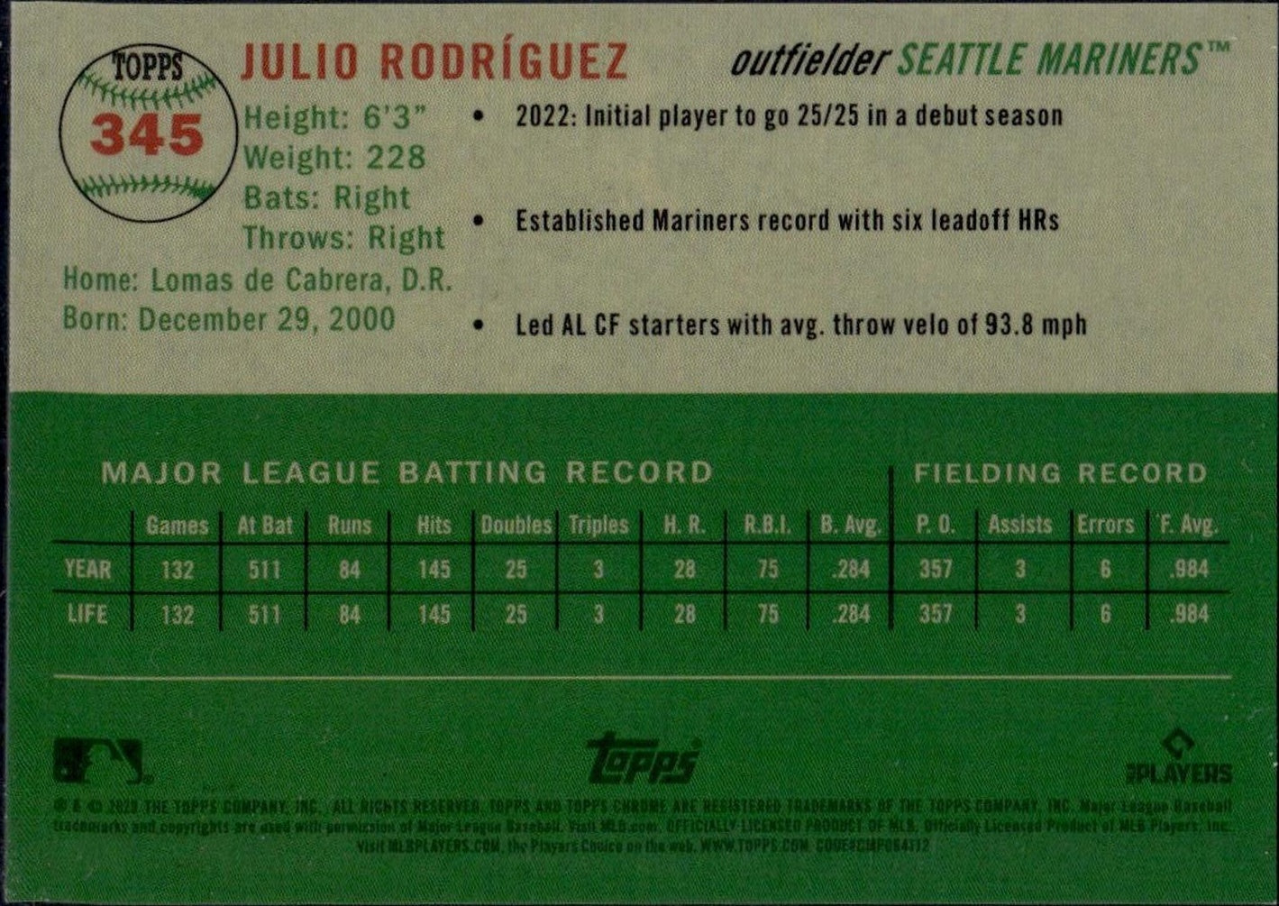 2022 Topps Chrome #345 Julio Rodríguez Rookie /50 Auto Seattle Mariners