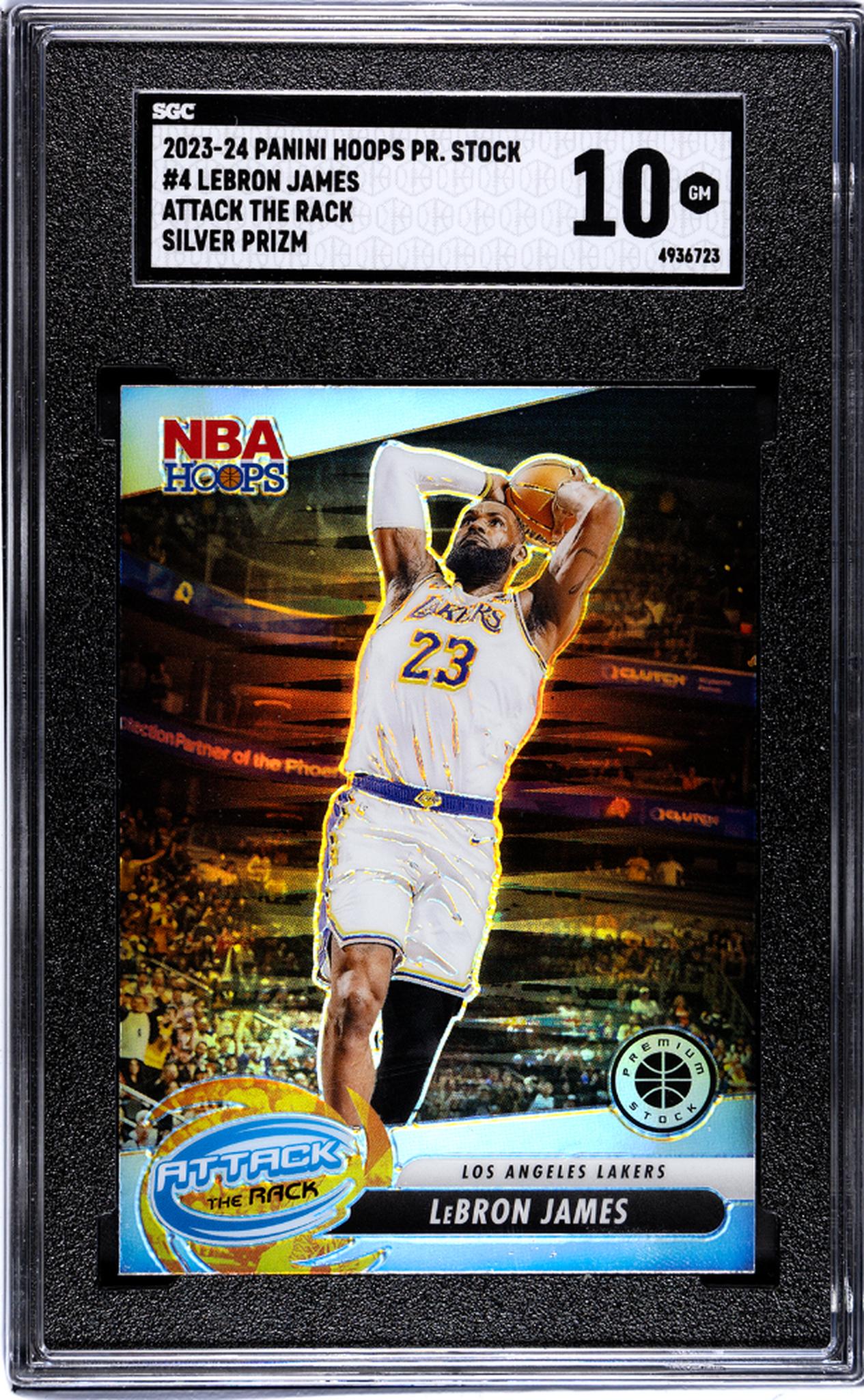 2023-24 Panini Hoops Premium Stock #4 Lebron James Attack The Rack Silver Prizm SGC 10