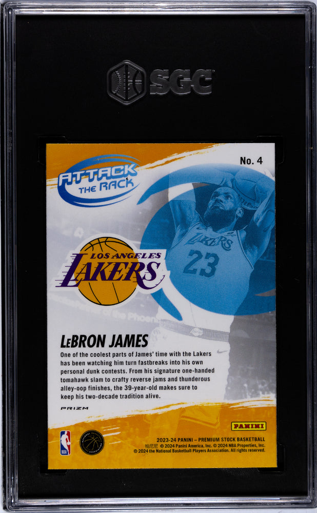 2023-24 Panini Hoops Premium Stock #4 Lebron James Attack The Rack Silver Prizm SGC 10