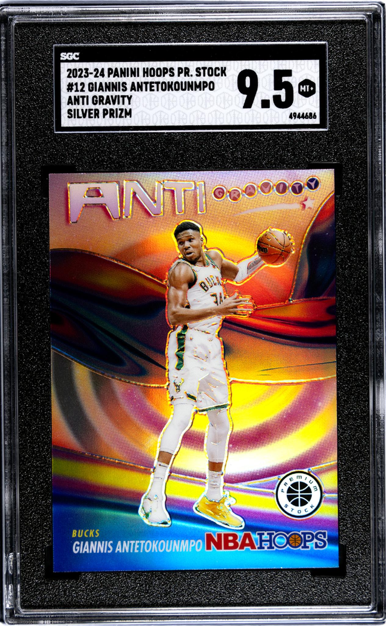 2023-24 Panini Hoops Premium Stock #12 Giannis Antetokounmpo Anti Gravity Silver Prizm SGC 9.5