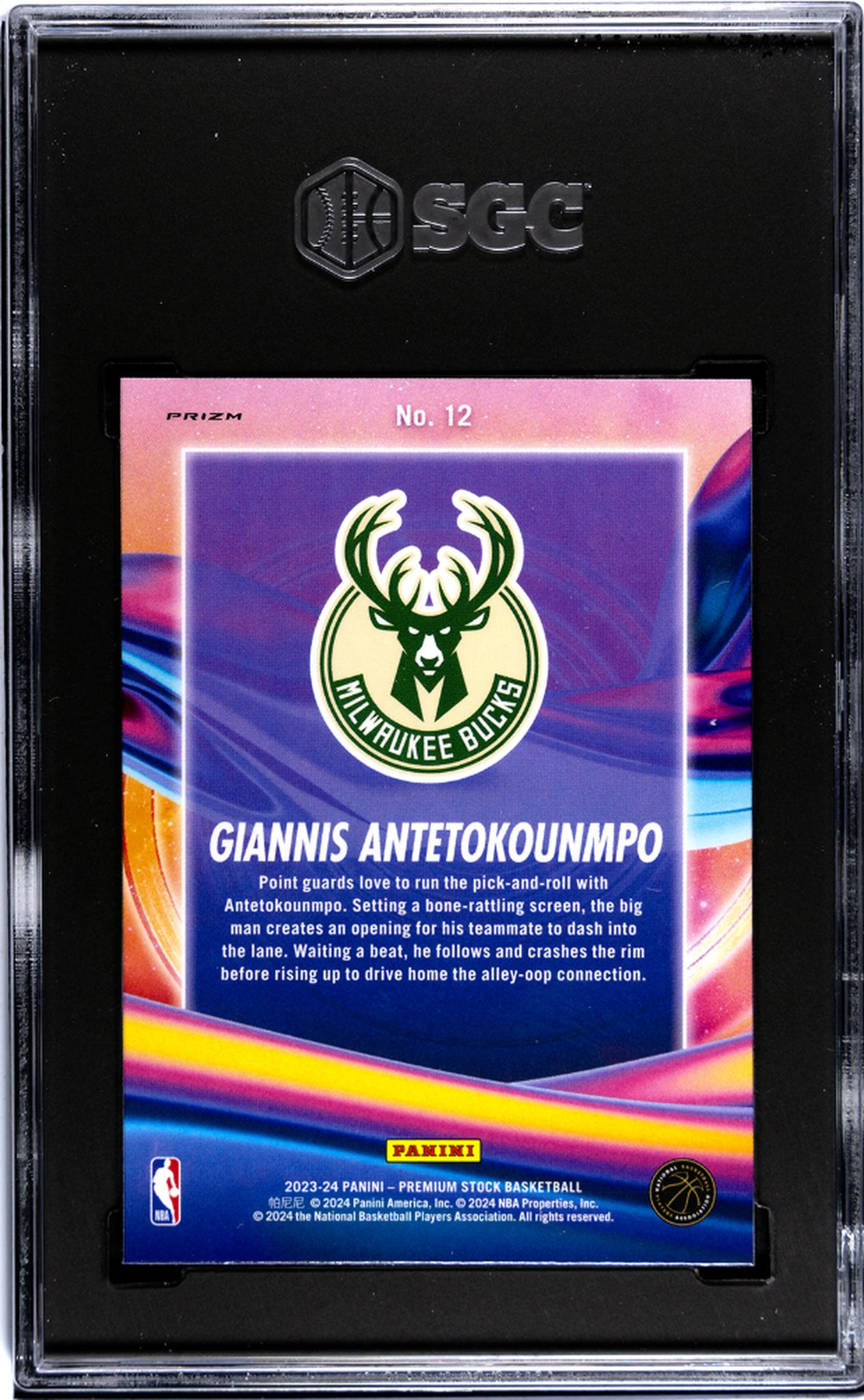 2023-24 Panini Hoops Premium Stock #12 Giannis Antetokounmpo Anti Gravity Silver Prizm SGC 9.5
