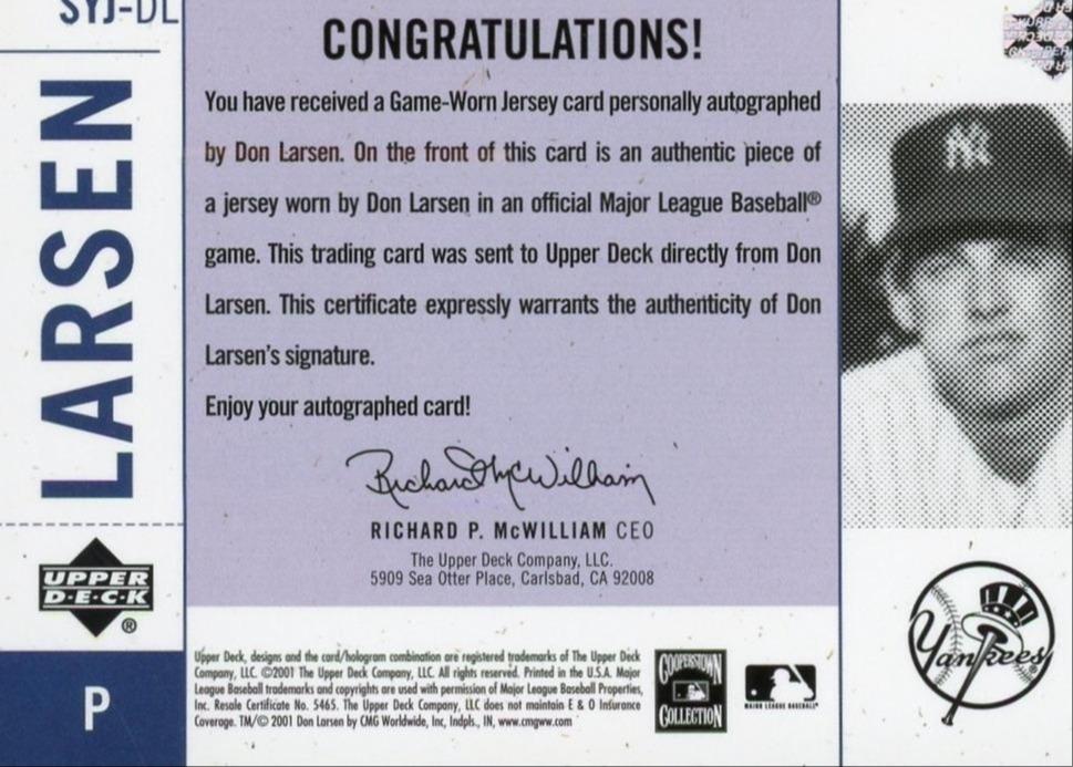 2001 Upper Deck Legends SYJ-DL Don Larsen Jersey Auto