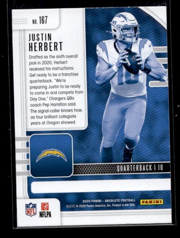 2020 Panini Absolute #167 Justin Herbert Rookie Chargers