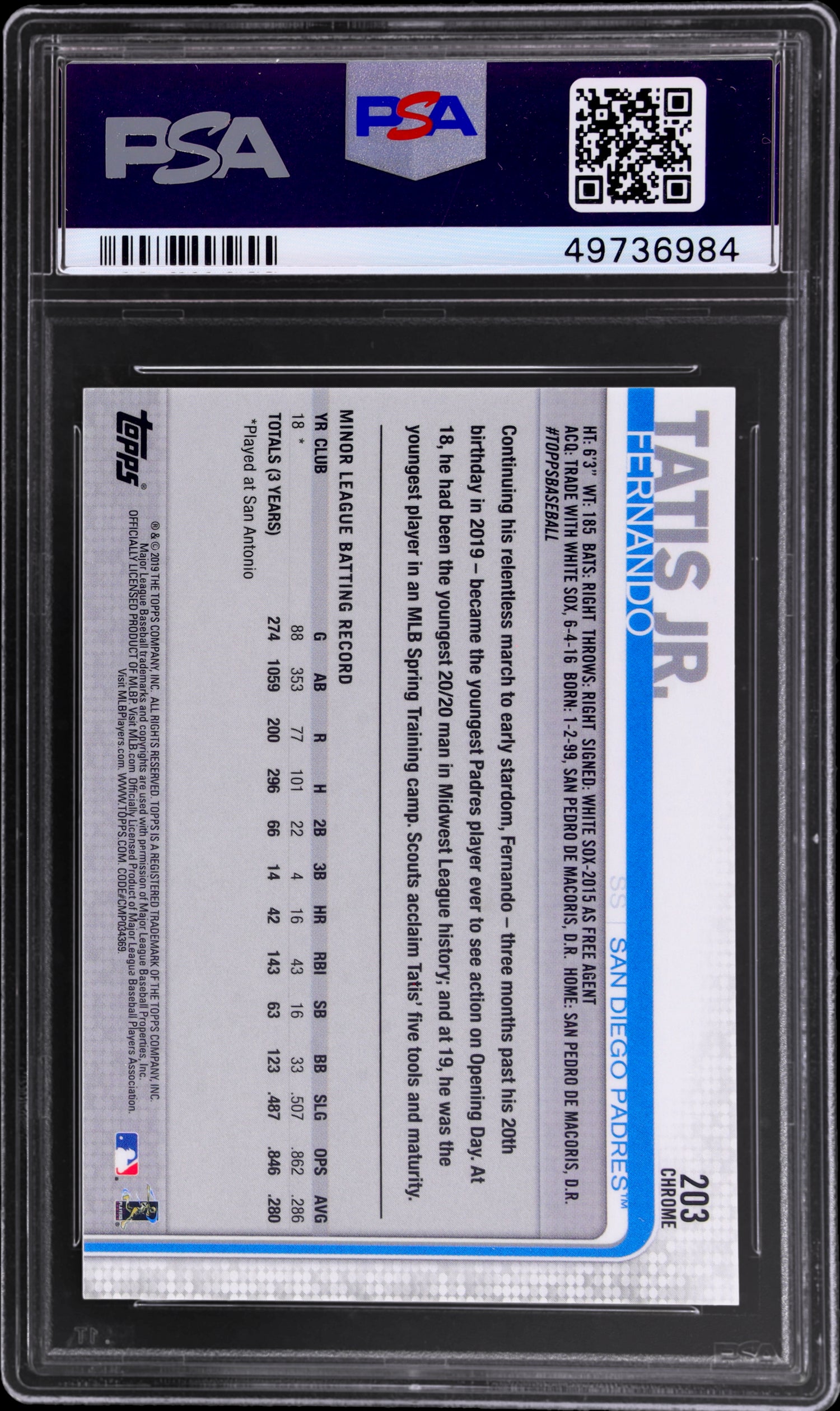 2019 Topps Chrome Fernando Tatis Jr. #203 RC PSA 10