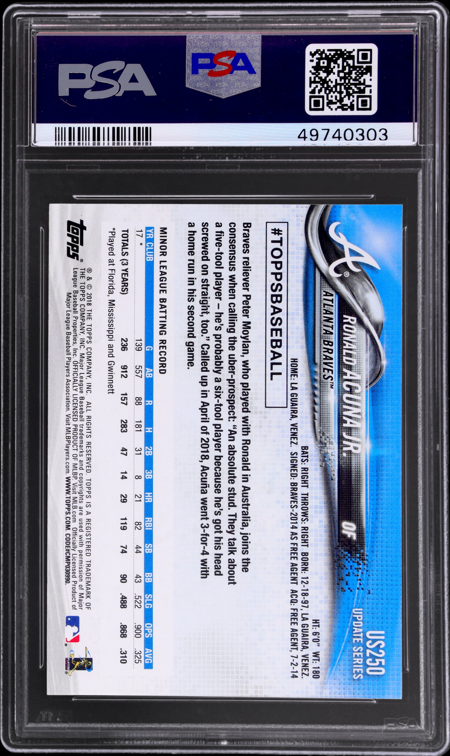 2018 Topps Update #US250 Ronald Acuna Jr. At Bat In Blue Jersey PSA 10