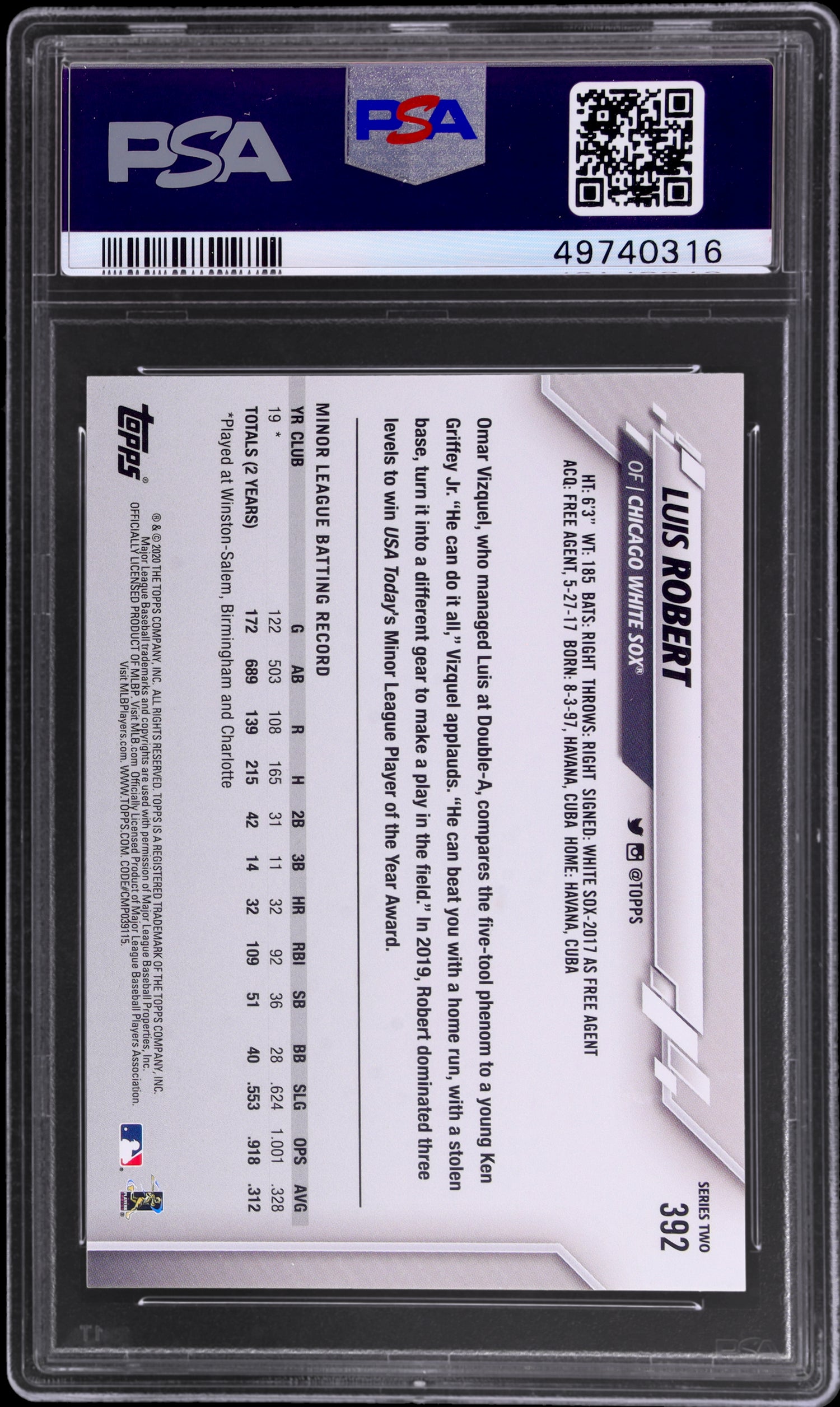 2020 Topps SP Luis Robert #392 PSA 10 RC