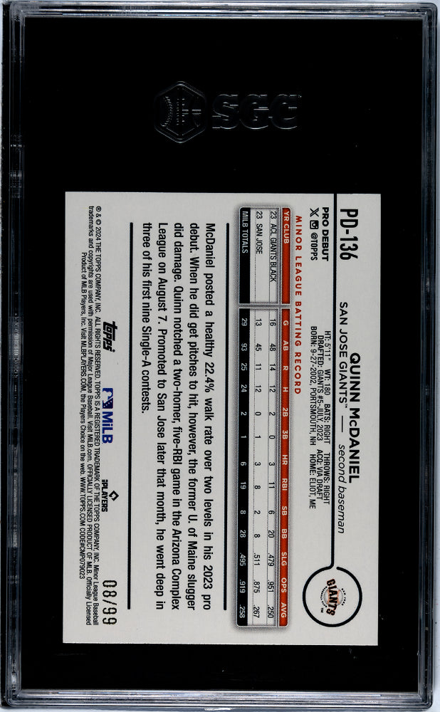 2024 Topps Pro Debut #PD-136 Quinn McDaniel /99 SGC 9