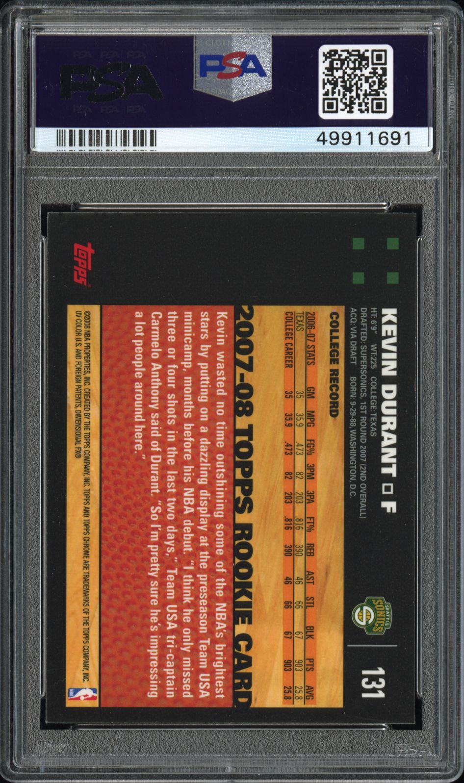 2007 Topps Chrome Kevin Durant #131 RC PSA 9
