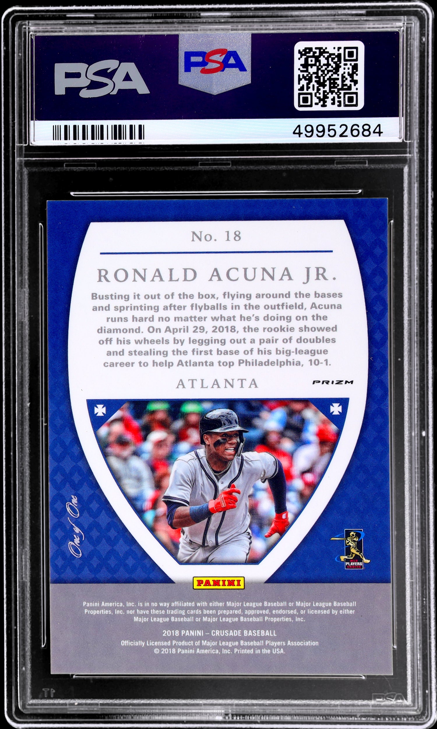 2018 Panini Chronicles Crusade Gold Vinyl Ronald Acuna Jr #18 1/1 PSA 9 RC