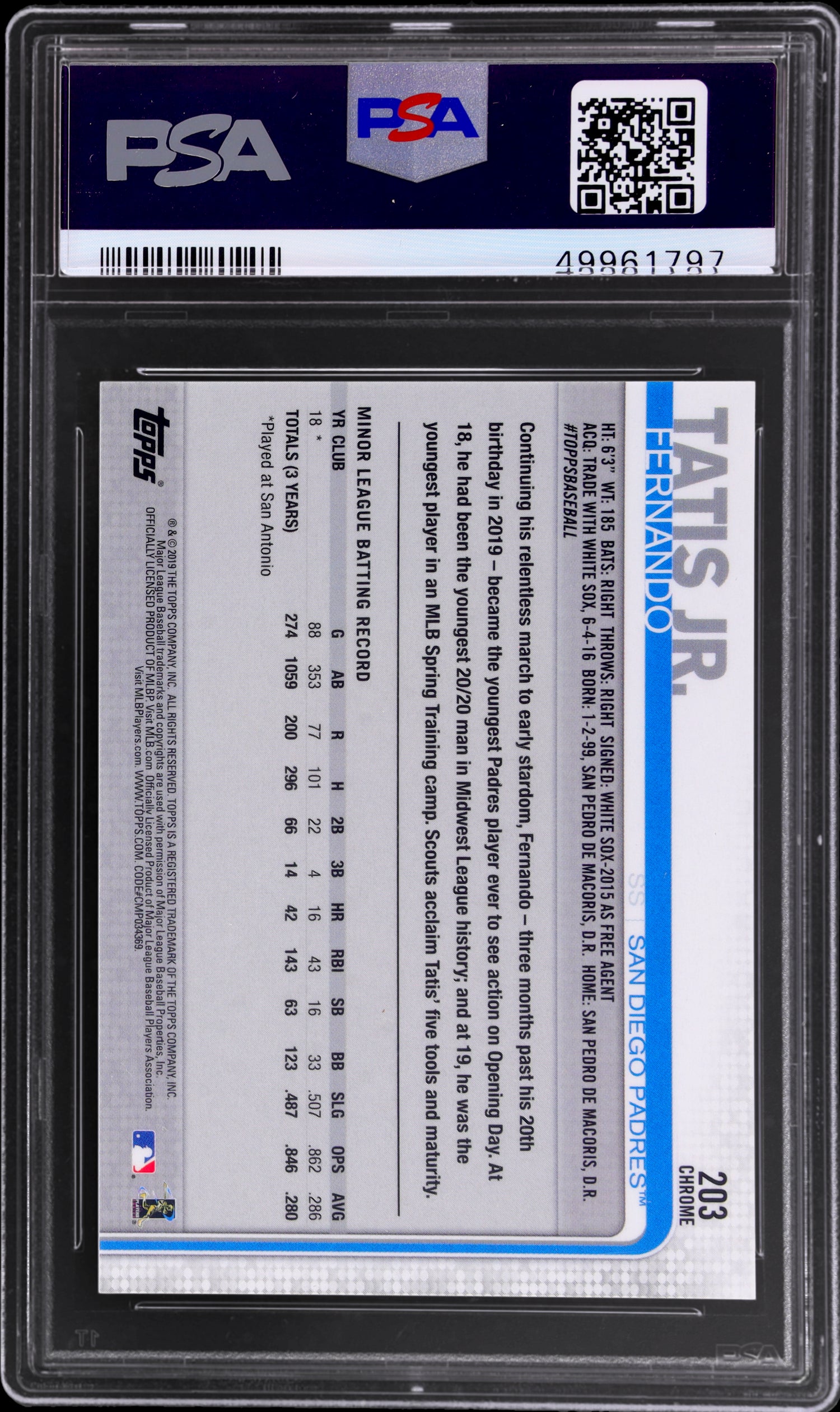 2019 Topps Chrome Fernando Tatis Jr. #203 RC PSA 10